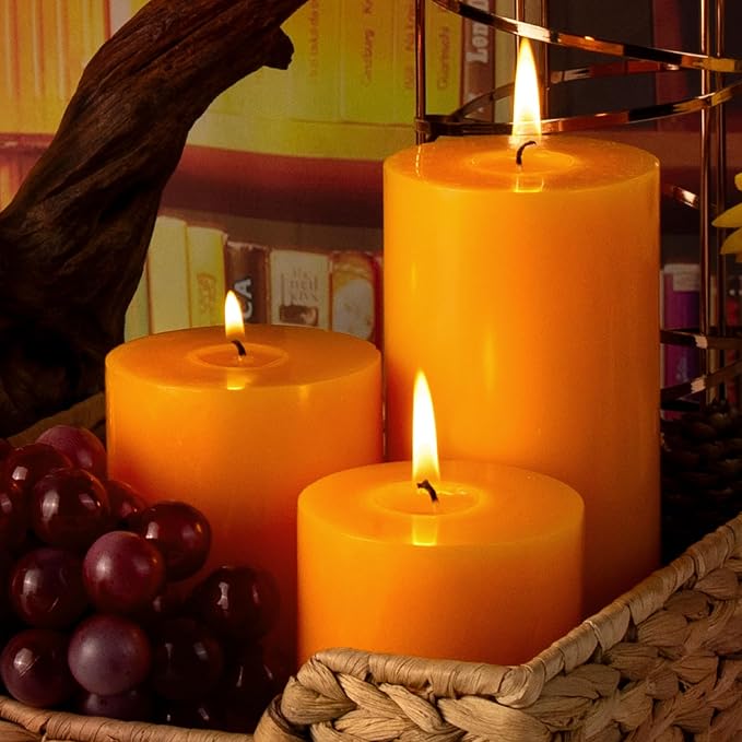 KONNI Orange Pillar Candles Set of 3, 3"x 6" Unscented Pillar Candles Bulk, 56 Hours Long Burning Candles, Smokeless&Dripless Large Round Candle for Wedding, Home Decoration, Parties, Spas, Dinner