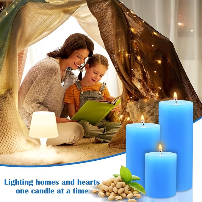 Blue Pillar Candles Set of 3 - Dripless Unscented - 3x4, 3x6 & 3x8 inches Decorative Candles for Home Decor & Table Centerpieces