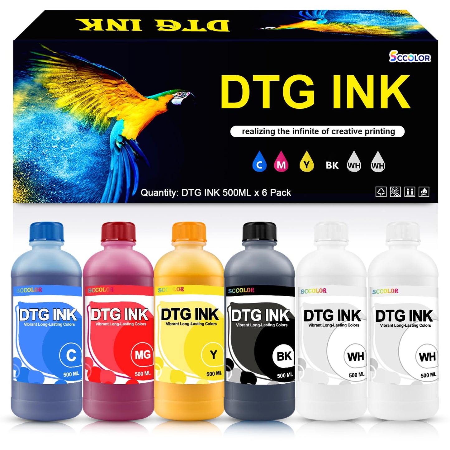 DTG Ink 500ML Compatible for F2000 F2100 P600 P800 DTG Printers and More printhead DX5 DX6 DTG Printers,Direct to Garment Printing Ink Digital Textile and More Printing Refill.2W+1B+1C+1M+1Y