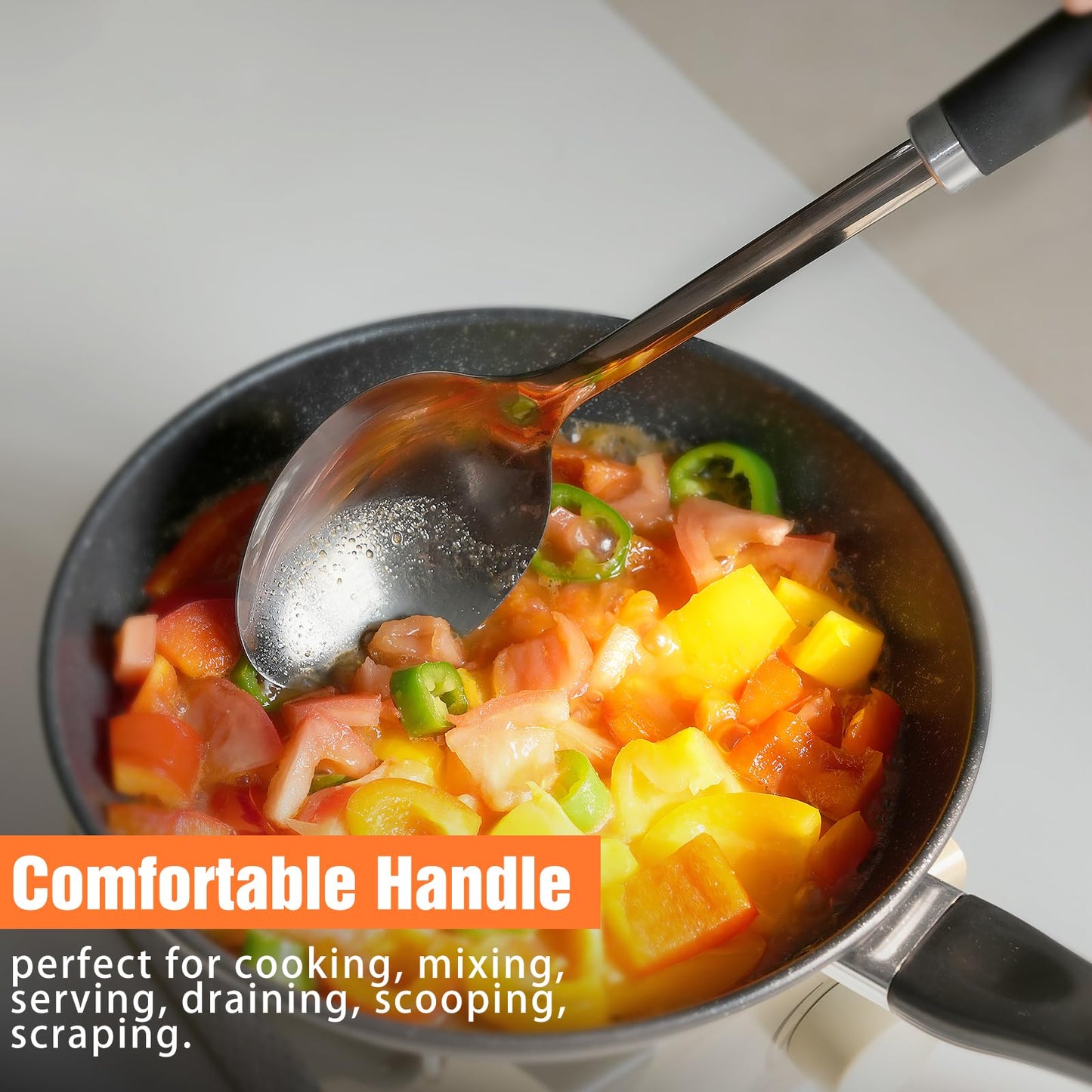 304 Stainless Steel Cooking Spoon, 14 Inch Solid Basting Spoon with Silicone Non-Slip Handle, Heavy Duty Serving Spoon for Stirring, Scooping, Mixing, Serving Soups, Sauces, Rice, Black