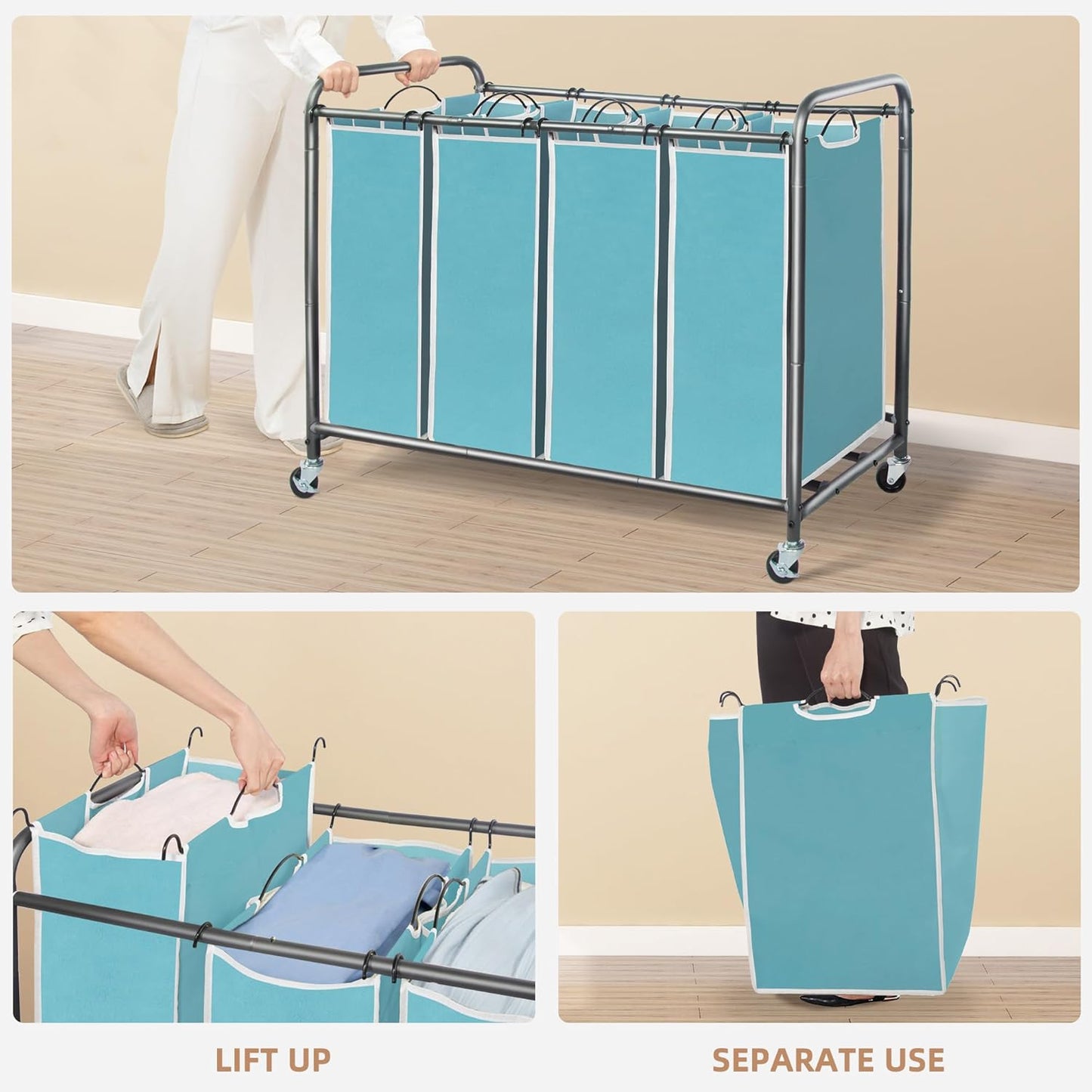 Storage Maniac Laundry Sorter - 4-Section Hamper Cart with Wheels & Removable Bags - 47.8 Gal, Blue