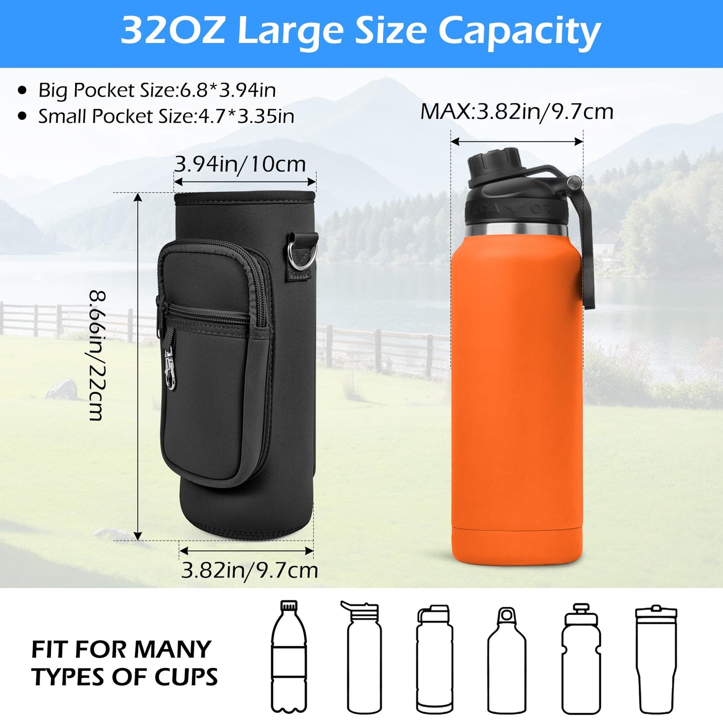 Noxgifix Water Bottle Holder with Strap,Water Bottle Bag,32/40 oz Large Capacity,Adjustable Shoulder Hand Strap,2 Phone Pocket Water Bottle Holder,Water Bottle Accessories for Camping Running Walking