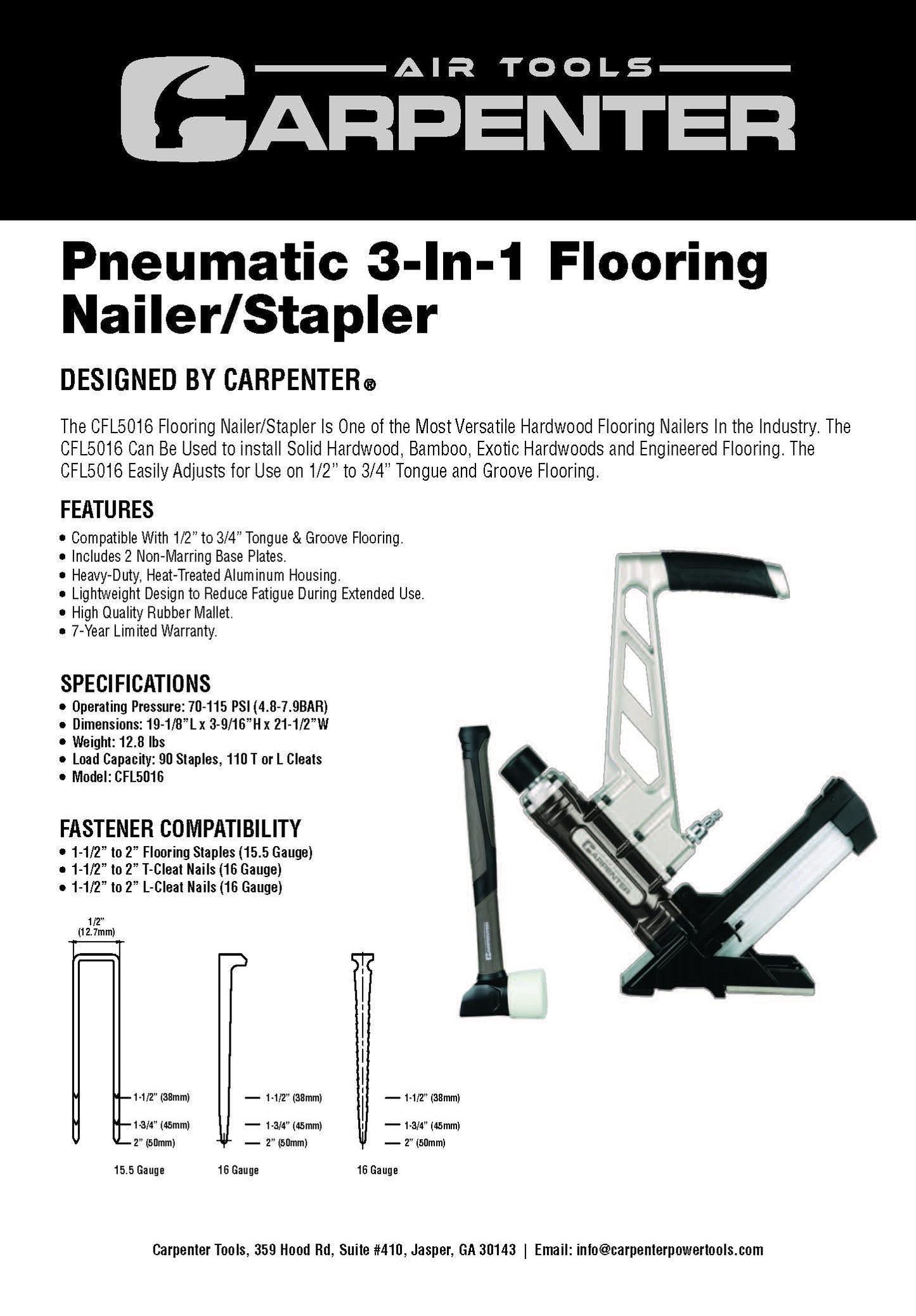 Carpenter Air Tools CFL5016 7 Year Warranty - Carpenter Pneumatic 3-In1 Flooring Nailer & Stapler