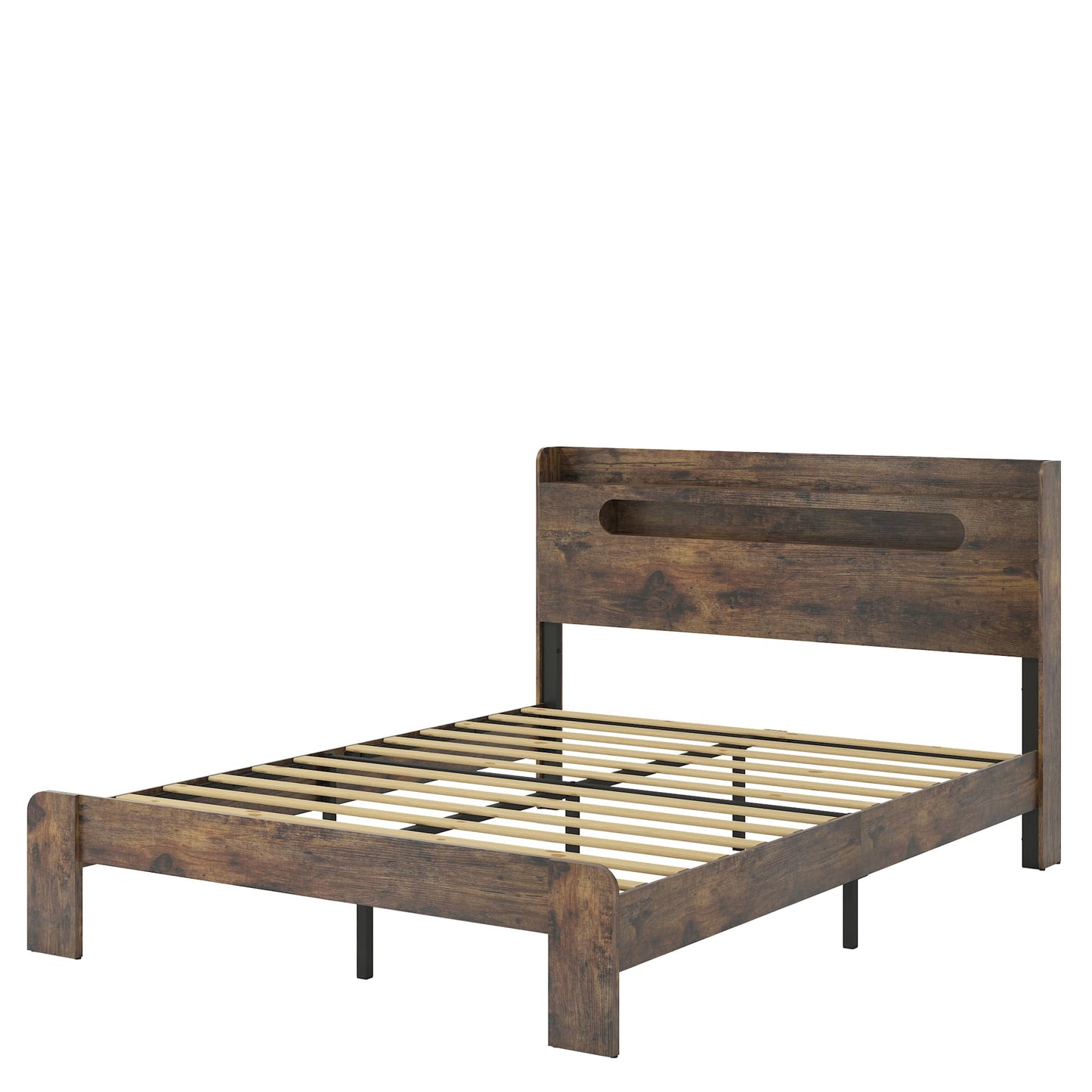 GDFStudio Full Size Wood Platform Bed Frame with Storage Headboard and Charging Station, LED Light Headboard with 2 USB Ports and Power Outlets, Noise-Free Support, No Box Spring Needed, Dark Brown