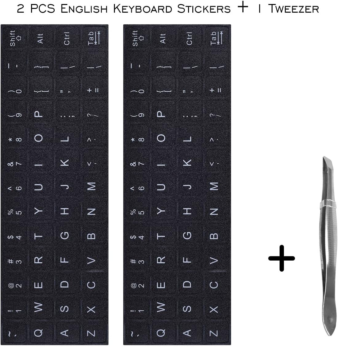 2PCS Universal English Keyboard Stickers Letters with Tweezer, Keyboard Stickers Black Background with White Lettering