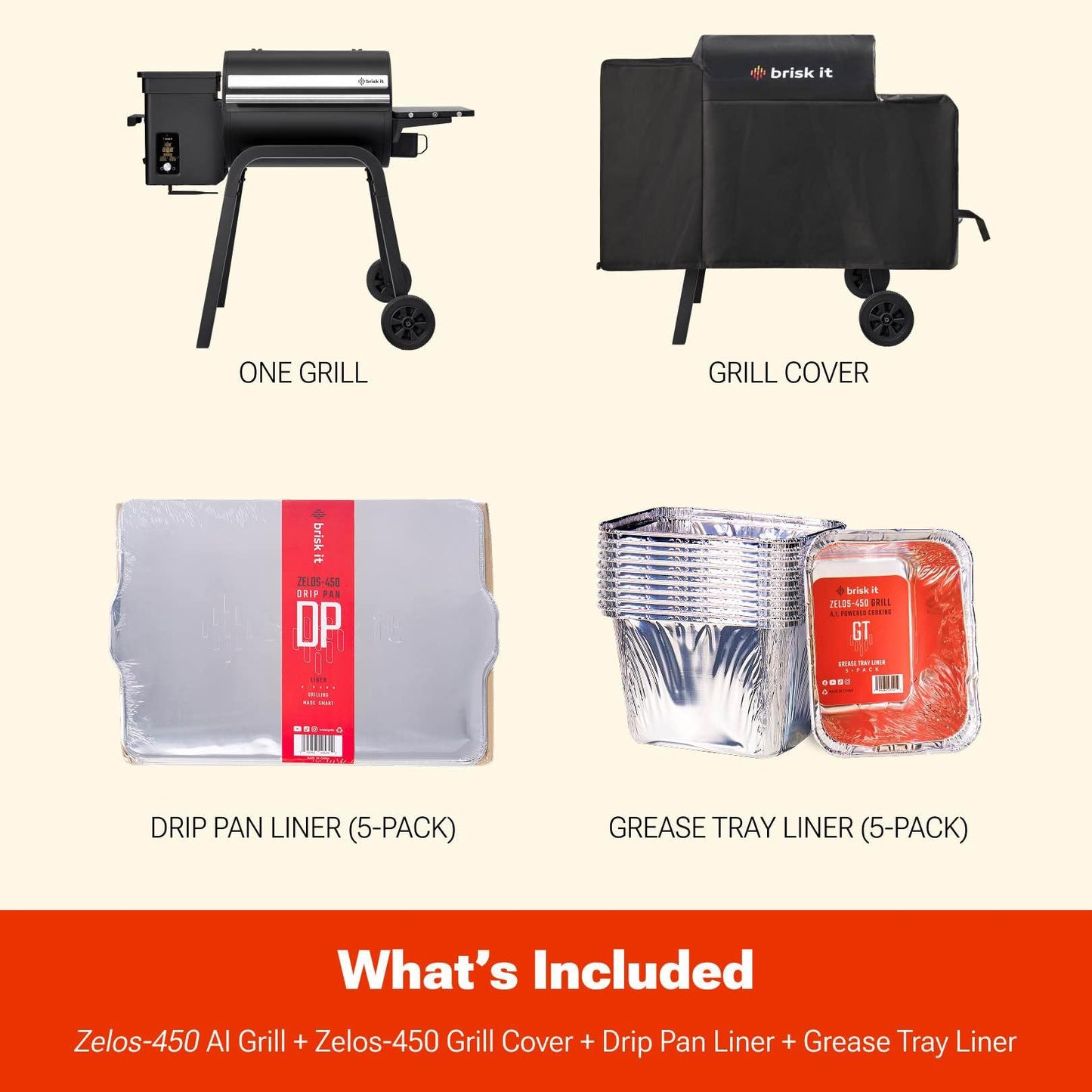 Brisk It Zelos-450 WiFi A.I. Electric Wood Pellet Smoker Grill Bundle with Waterproof Cover, 10 Pack Grease Tray Liners & 10 Pack Drip Pan Liners, Smart Grill with 450 sq.in Cooking Area & Meat Probe