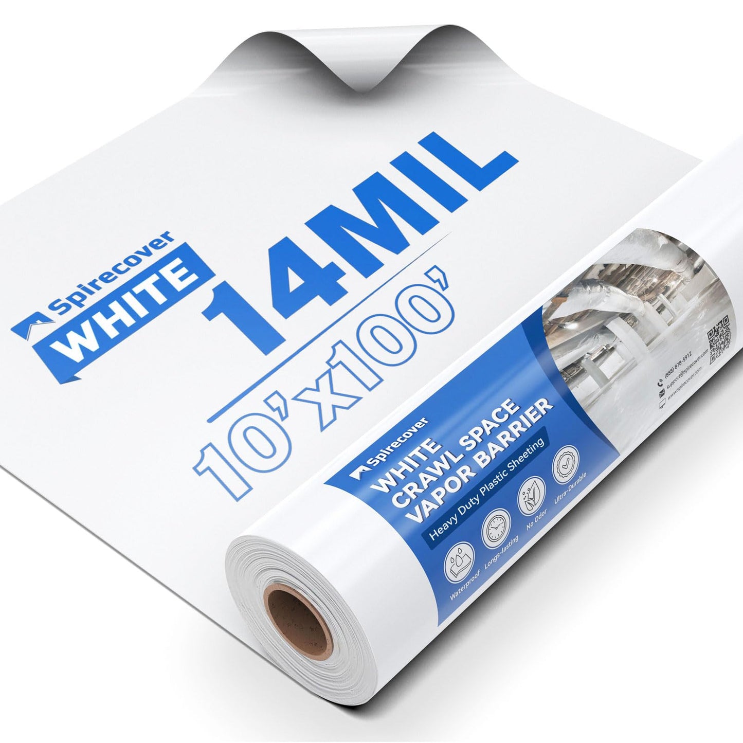 Spirecover Crawl Space Vapor Barrier - 14 Mil White Vapor Barrier, 10' x 100', Heavy Duty Polyethylene Film, Thick Plastic Sheeting, Plastic Drop Cloth Covering for Crawl Space, Basement