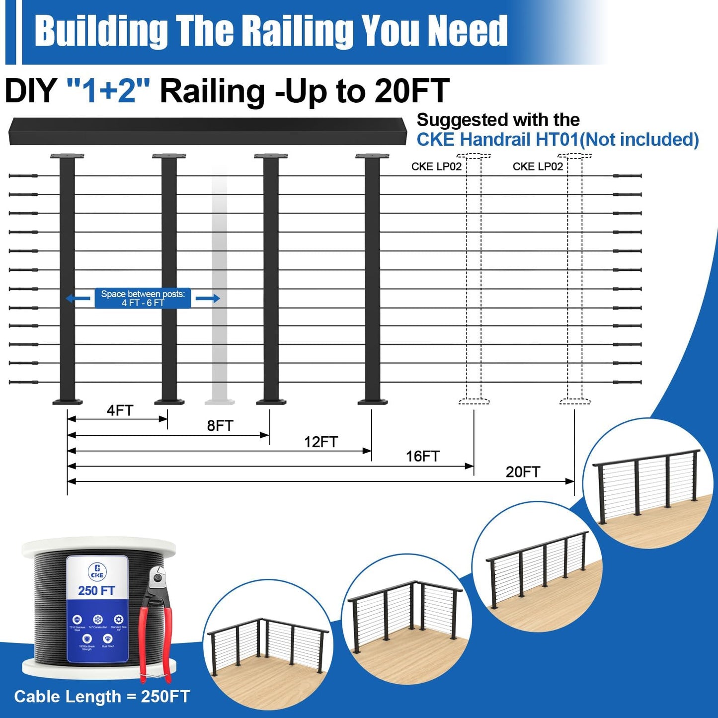 CKE 15ft-20ft Complete Set 42" Cable Railing Post Kit, 4Pack Black Level Drilled Line Posts(41"x2"x2"), Swageless Deck Cable Railing System Kit, 250ft 1/8" Wire Rope(No Handrail), Black Post Kit LPS02