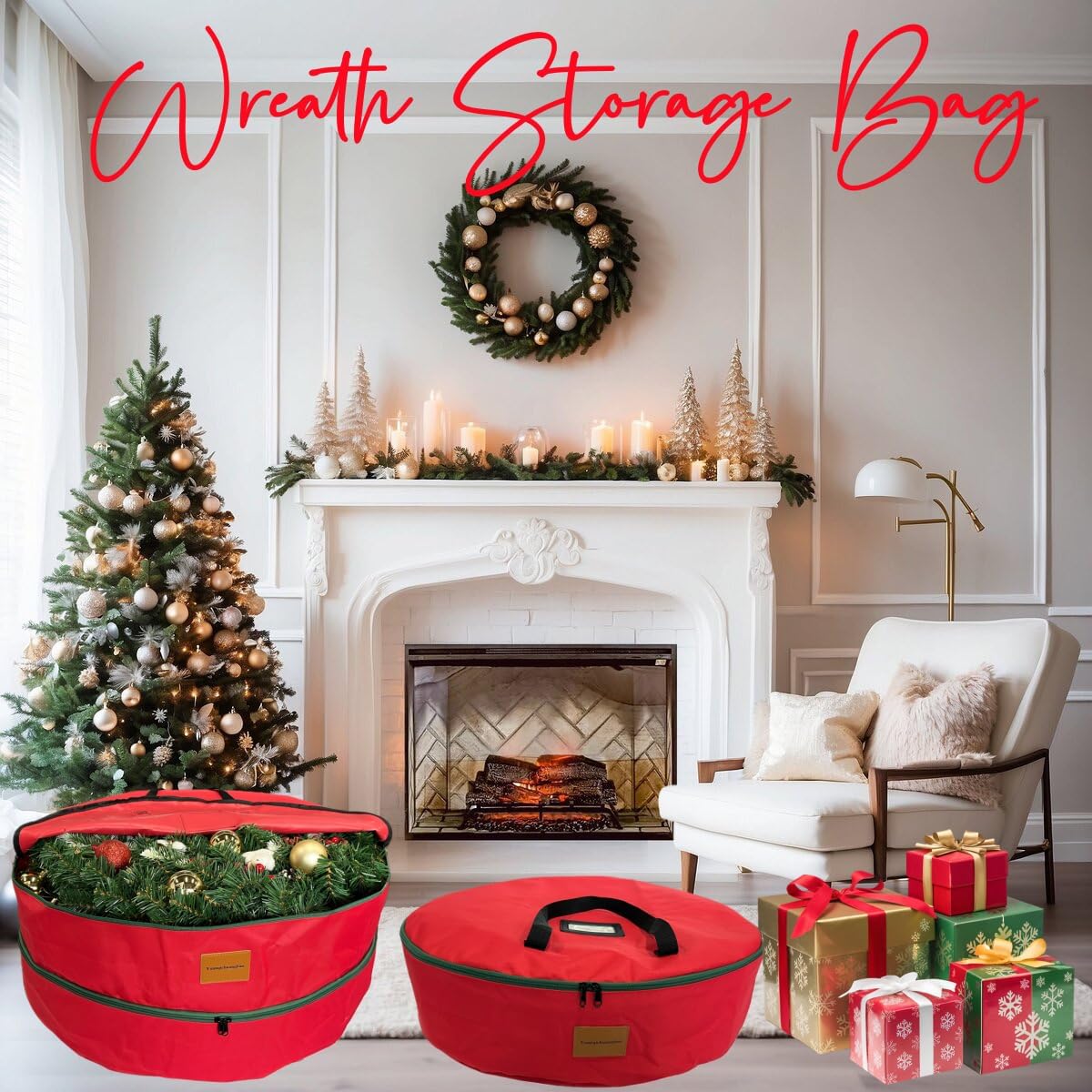 Skiennix Wreath Storage Container - Heavy Duty 600D Oxford Cloth | 30x7 Inch Red Bag for Holiday Wreaths