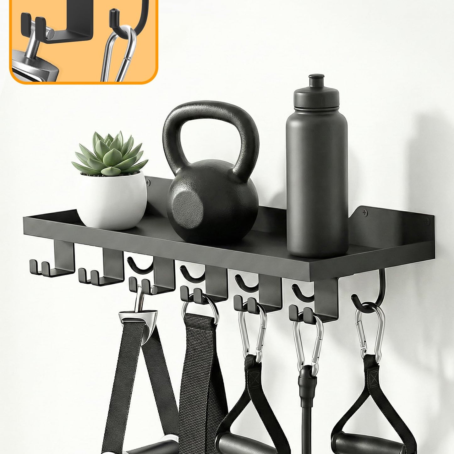SSNEWOG Floating Shelf Organizer Compatible with Tonal Accessories,16.9x6Home Gym Weight wall Storage Equipment Hanger, Metal Rack Holder Wall Mount with 5 T-Lock Brackets & Hooks Hanger (Black)