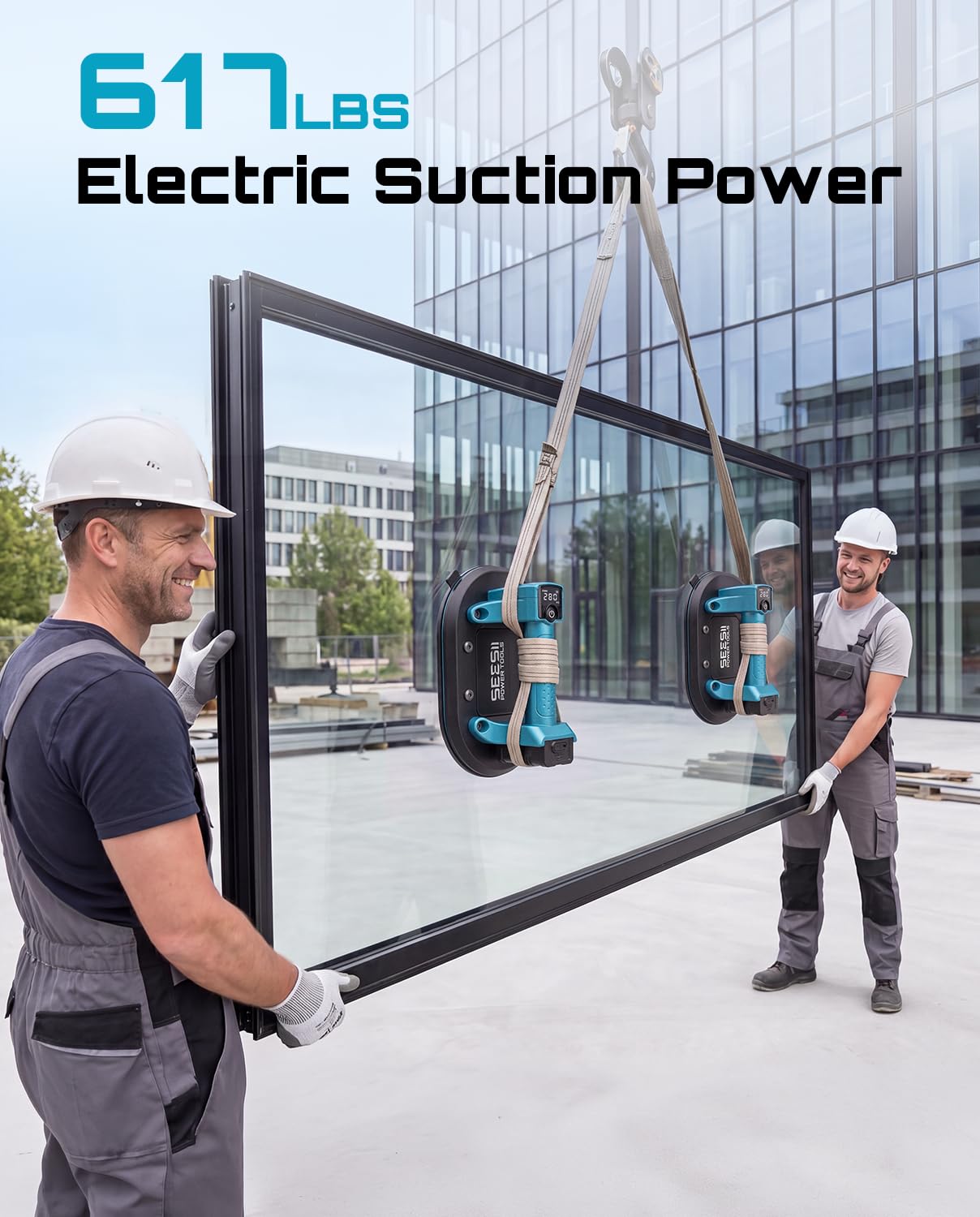 SEESII 4-in-1 Electric Suction Cups for Tile Lifting, Drill, Seam & Leveling: 10" Large Glass Suction Cup, Heavy Duty Vacuum Lifter with 280KG/617LBS Max Load, 4X 3000mAh Batteries, Digital Display