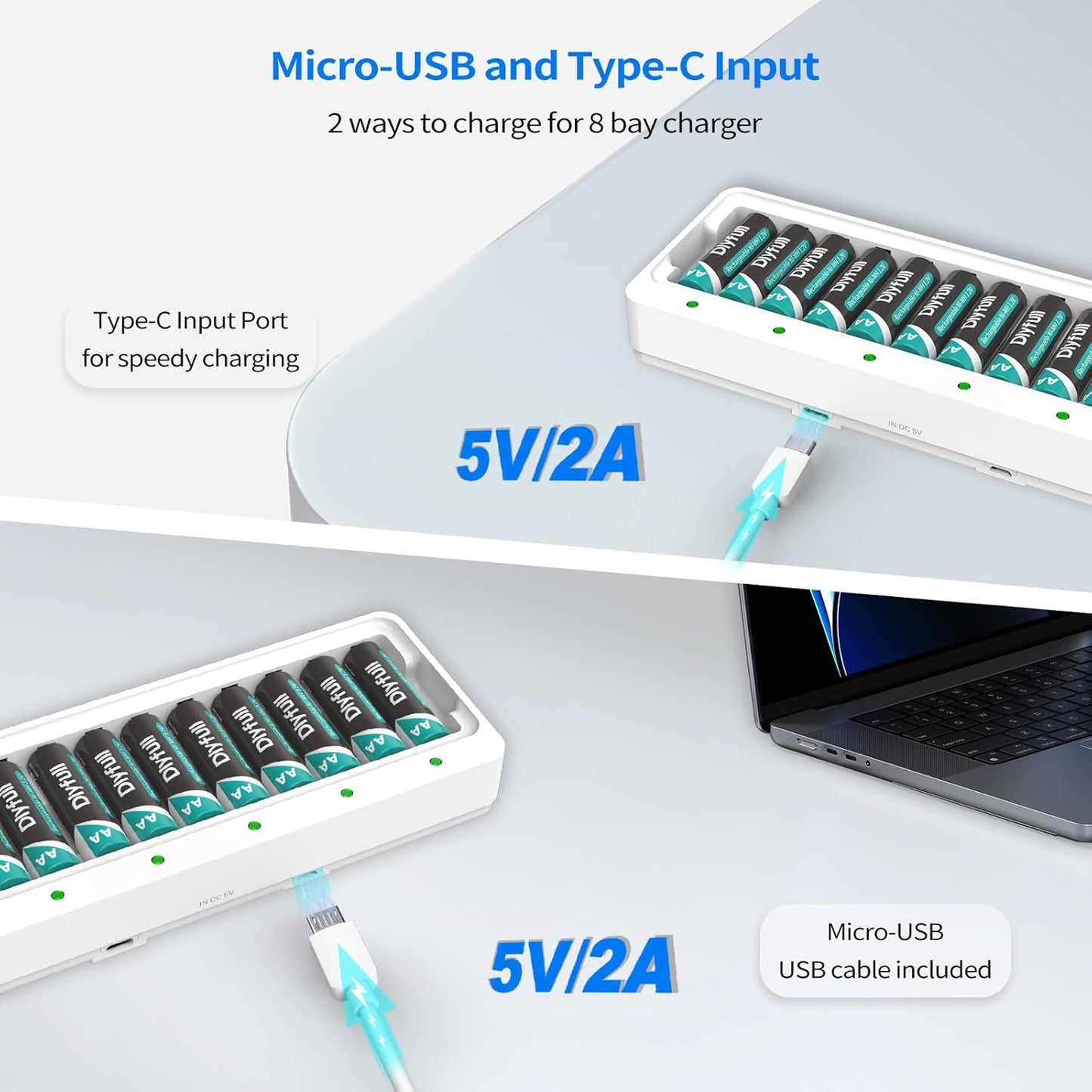 DLYFULL 12 Bay AA AAA Battery Charger, USB and Type-C Selectable High-Speeding Charging for Ni-MH Ni-CD Rechargeable