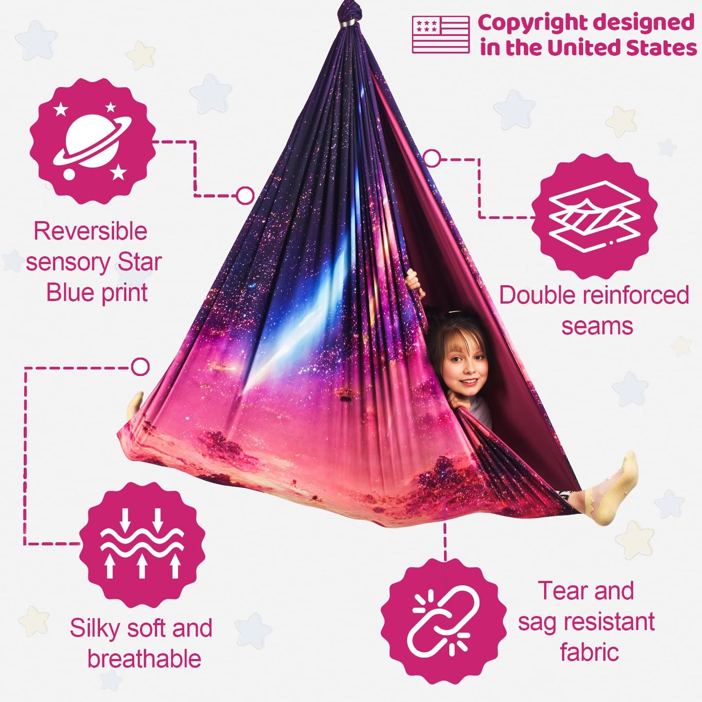 HiCamer Double Layer Sensory Swing for Kids & Adults Holds up to 300lbs Indoor and Outdoor Therapy Cuddle Swing with 360° Swivel Hanger Kit Adjustable with Aspergers Autism ADHD (Fantasy Pink)