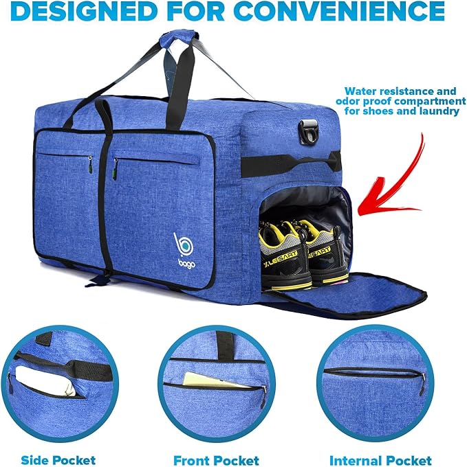 Bago Large Foldable Duffel Bags for Traveling Women & Men - 100L Packable Duffle Bag for Travel with Shoe Compartment - Water Repellant, Heavy Duty, Lightweight Folding & Collapsible (SnowDepBlue)