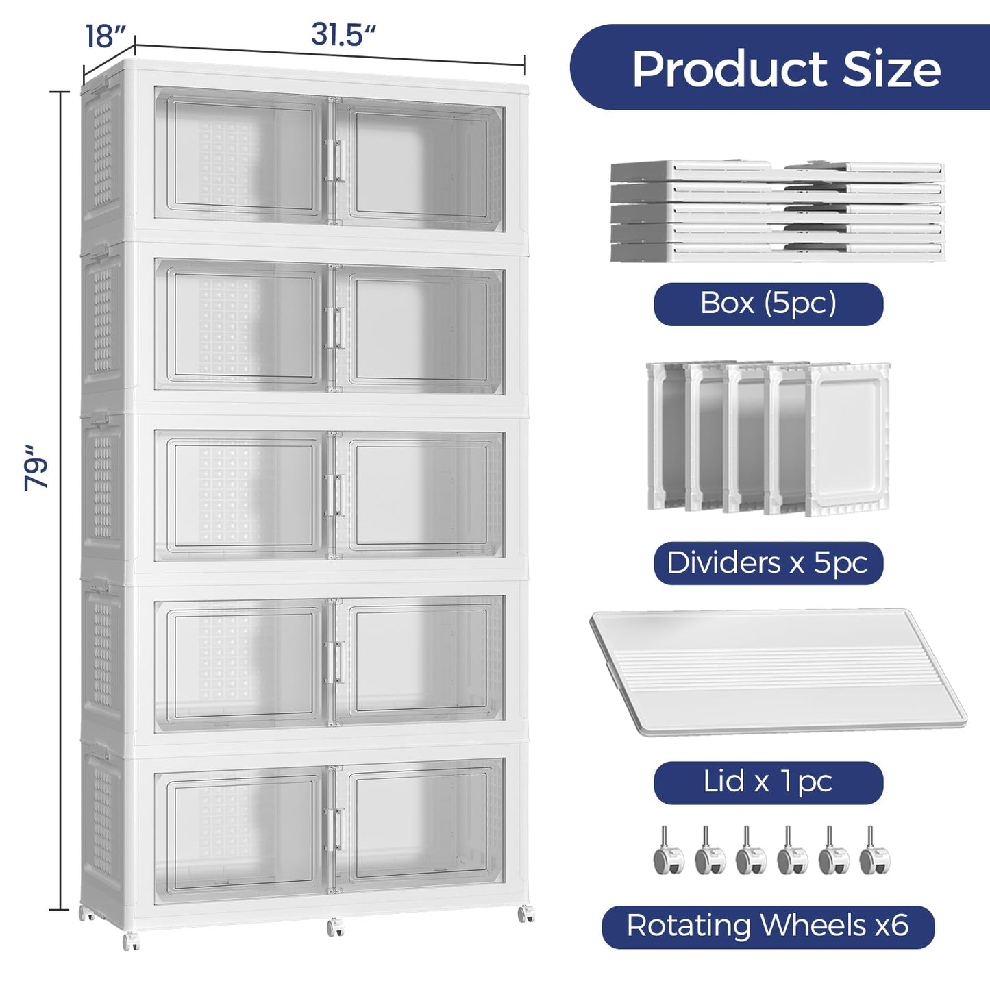 HOCRYPTA 250Gal 5-Tier Collapsible Storage Bins with Lid & Wheels, 1000QT Stackable Large Plastic Storage Cabinet Organizer Box with Doors for Bedroom Closet Kitchen Clothing Storage, White