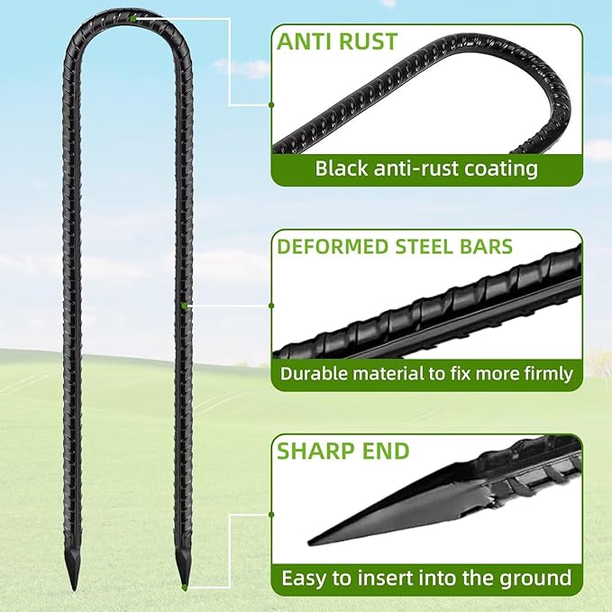 Black Trampoline Stakes Anchors High Wind 12inx6mm Galvanized U Hook 6pcs Rebar Stakes – Heavy Duty Ground Anchors for Trampoline,Yard & Inflatable,Landscape Metal Stakes for Outdoor Decorations