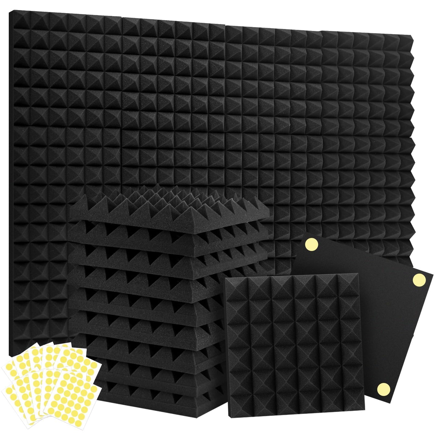 Focusound Acoustic Panels 24 Pack 2"x12"x12" with 120 PCS Double-Side Adhesive - Sound Proof Pyramid Foam for Walls, Home Studio Noise Absorption & Echo Control Kit