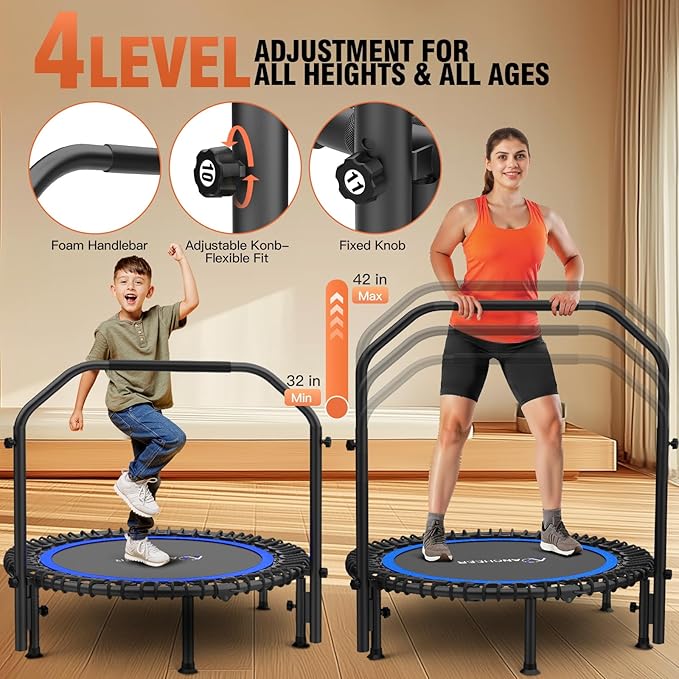 Bungee Rebounder Trampoline,ANCHEER 40" Foldable Fitness Trampoline with 4-Level Adjustable Handlebar, 450LBS Capacity, Resistance Ropes&Upgraded Bungees Safe for Home/Cardio,Workout Indoor/Outdoor