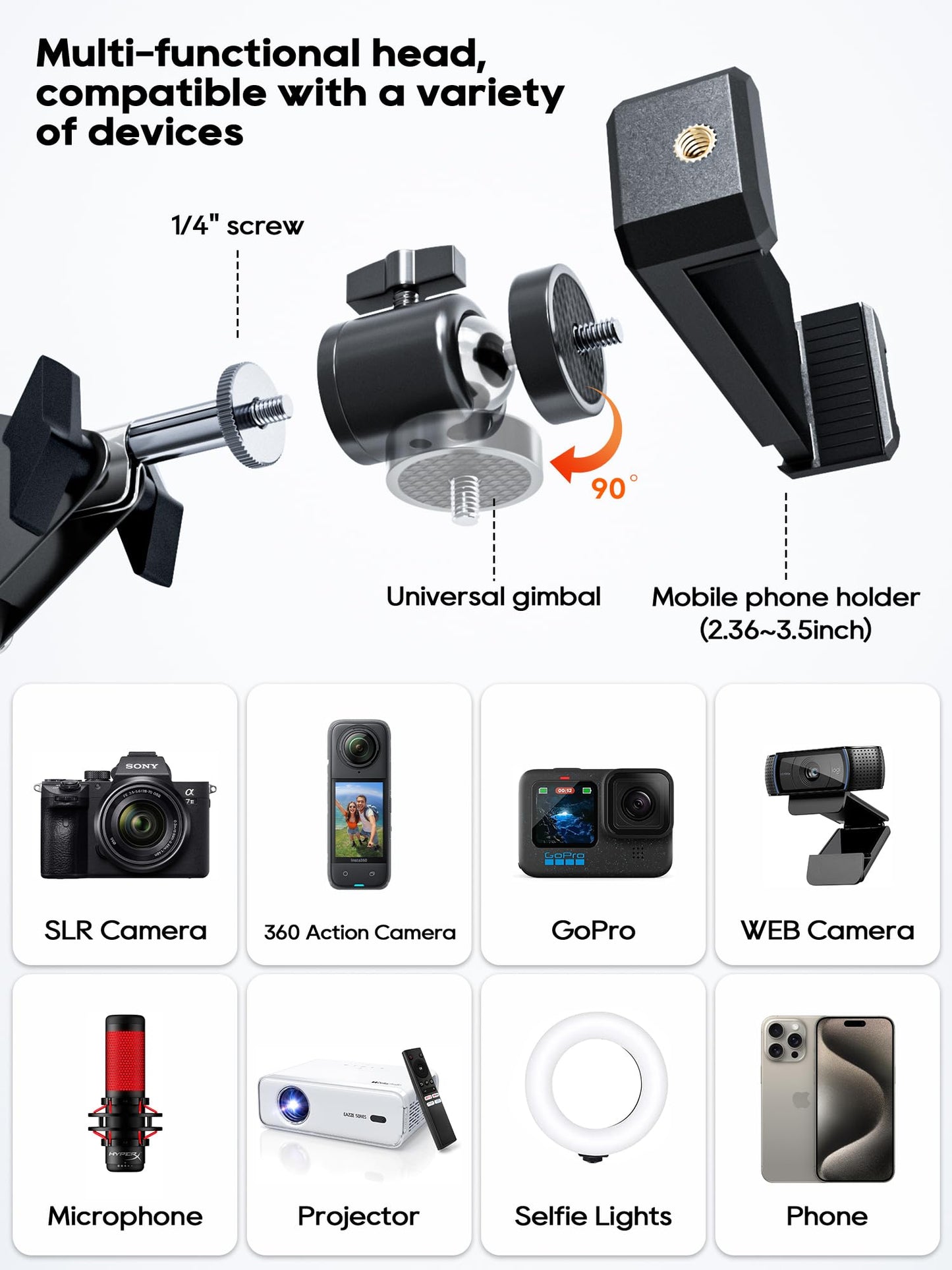 Overhead Camera Mount, Desk Camera Mount with Articulating Arm, 5lb Load Capacity, 360° Adjustable Stand for Phone/DSLR/Webcam, C-Clamp Tabletop Mount for Video Recording, YouTube, Live Streaming