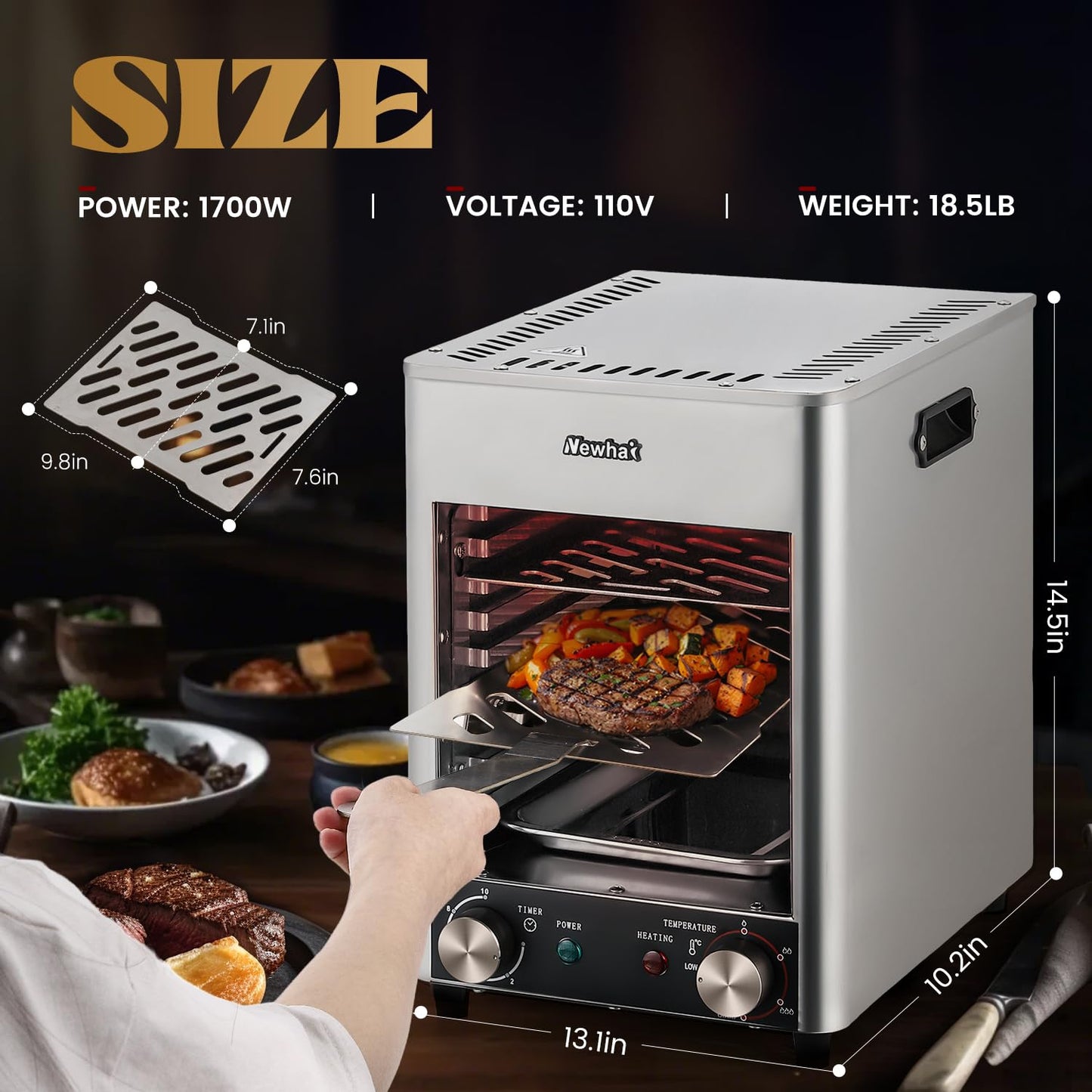 Newhai Electric Steak Broiler 1700W Indoor Commercial Steak Grill Automatic Steak Broiler for Carnivores Time Temperature Adjustable for Beef Chicken Vegetables 110V US