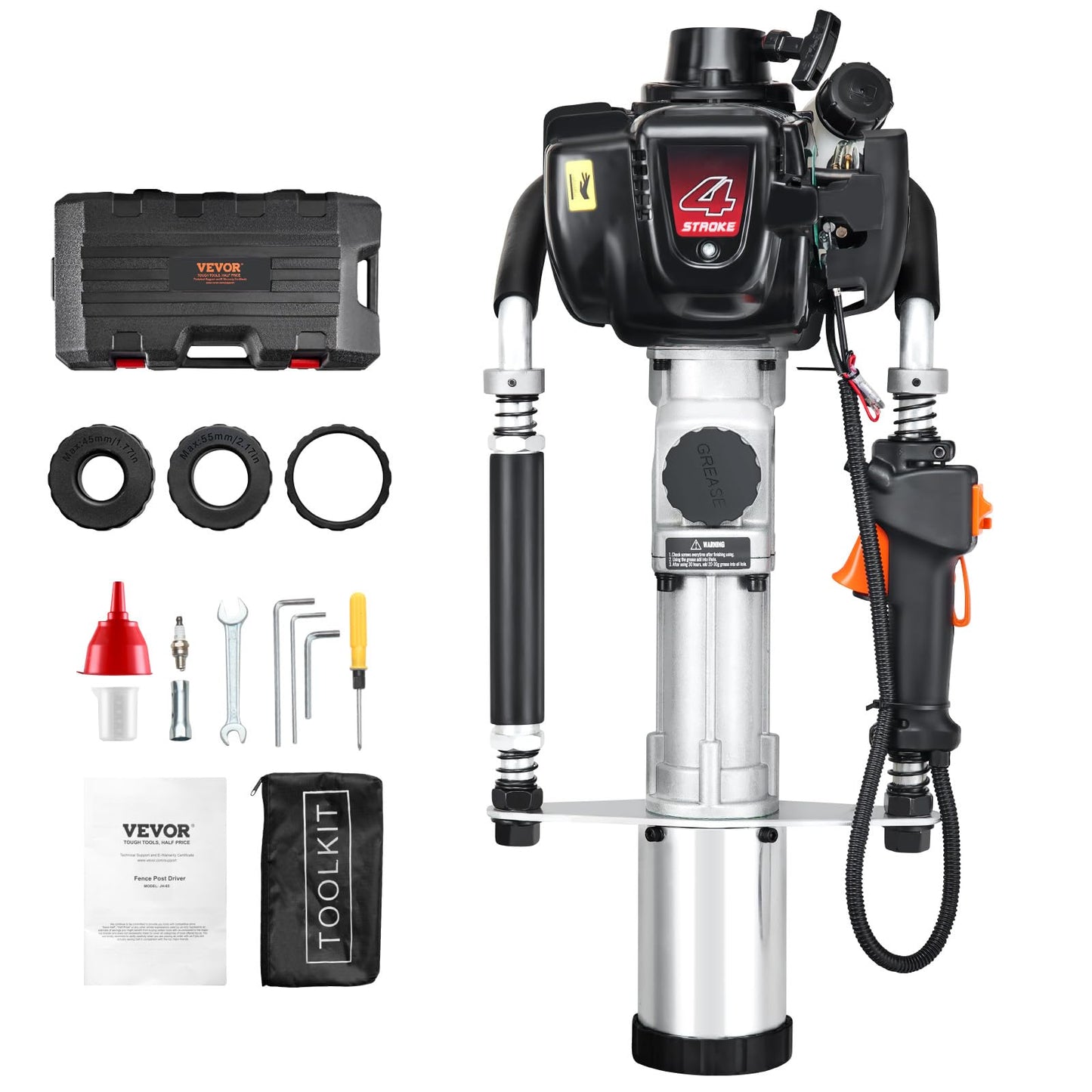 VEVOR 37.77cc Gas-Powered T Post Driver, 4-Stroke Engine Gasoline Fence Piling Pounder, with 3 Post Driving Head(45/55/88 mm), 1000W Portable Piledriver For Farm, Ranch Fencing, Road Improvements