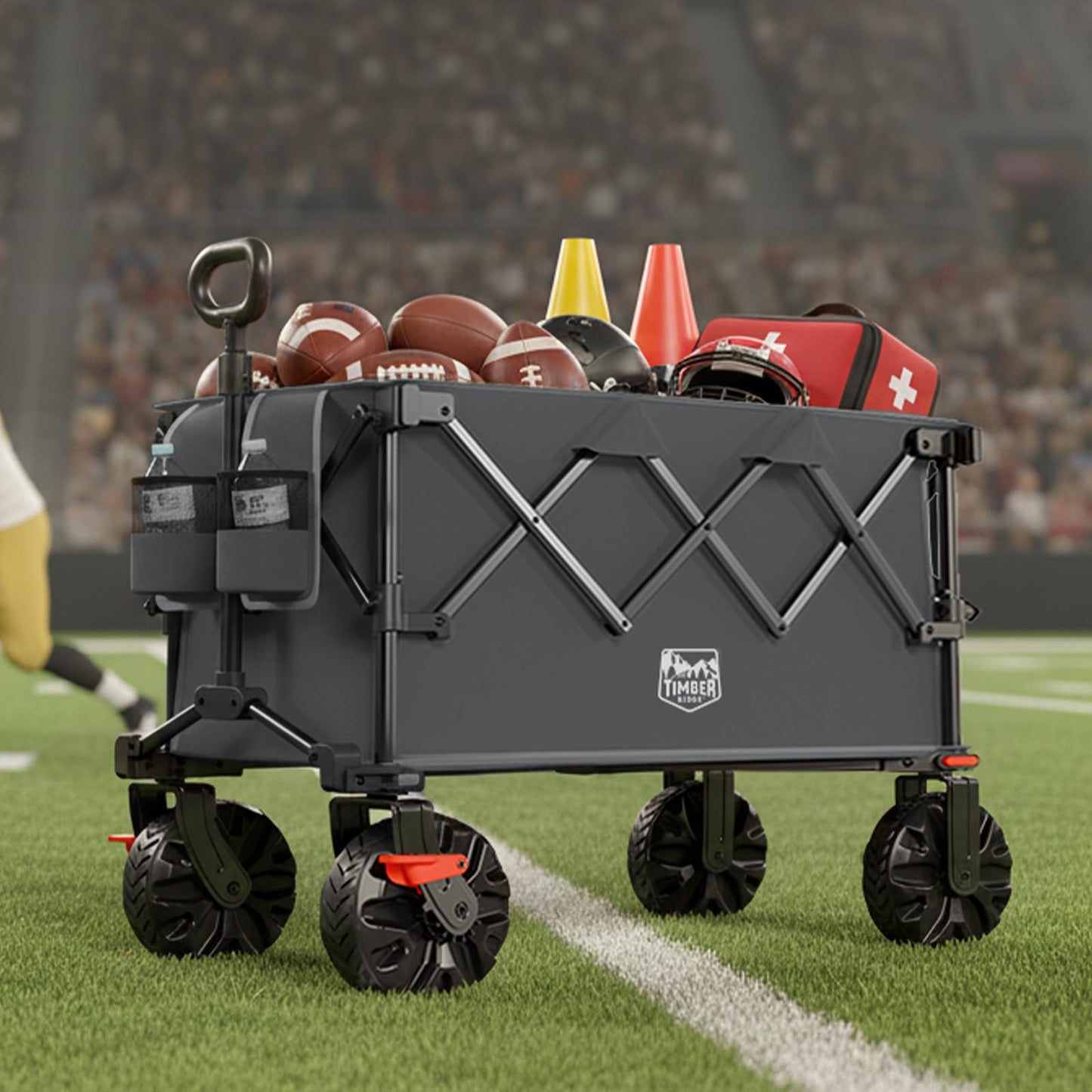 Timber Ridge Outdoor Collapsible Wagon with Brakes Utility Folding Cart Heavy Duty All Terrain Wheels for Shopping Camping Garden with Side Bag and Cup Holders, Grey