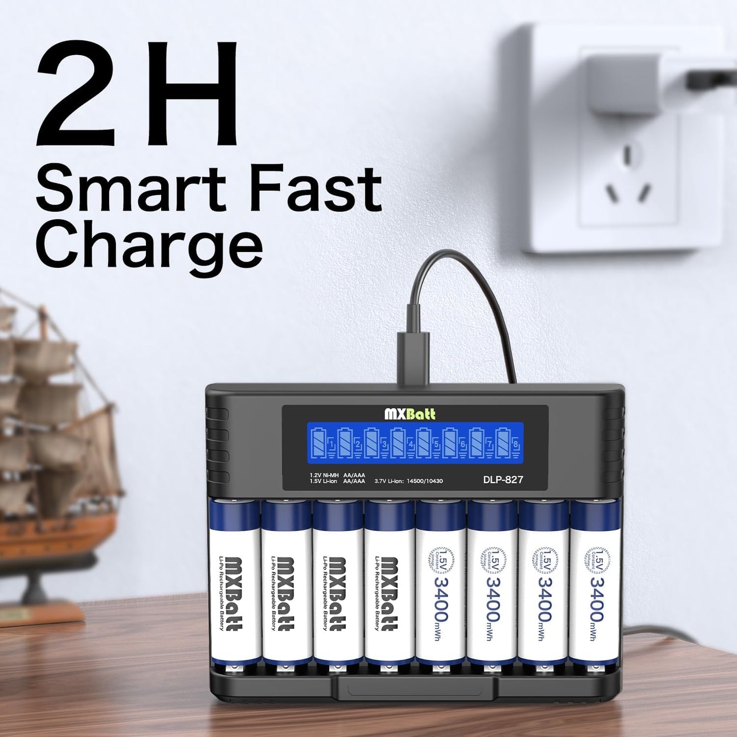 MXBatt 8 3400mWh 1.5V, 8 Packs 1500 AA Batteries Rechargeable Lithium with Charger Bay, Cycles, for Cordless Phones