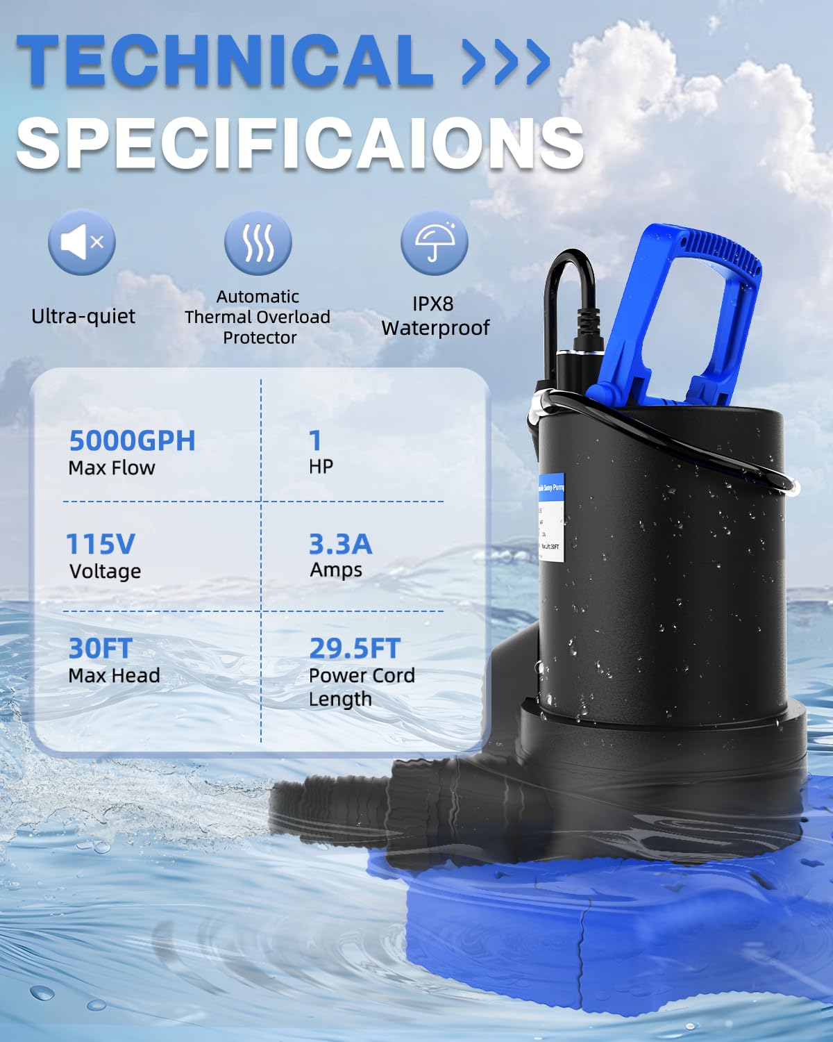 Automatic Pool Cover Pump - 1 HP 5000 GPH Submersible Water Pump with Check Valve and 3 Adapters, 29.5FT Cord for Pumps Above Ground Automatic On/Off System, Sump Pump for Basement Floods, Pond Pump