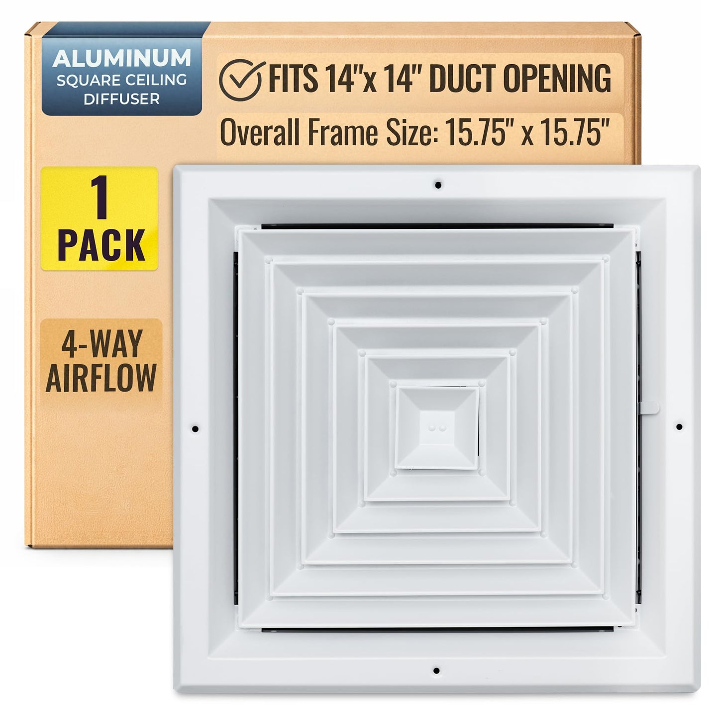 Fits 14x14 Duct Opening 4 Way Aluminum Square Ceiling Diffuser by Handua | Register Vent Cover Grille for Ceiling | Rust Proof | White | Outer Dimensions: 15.75" X 15.75"