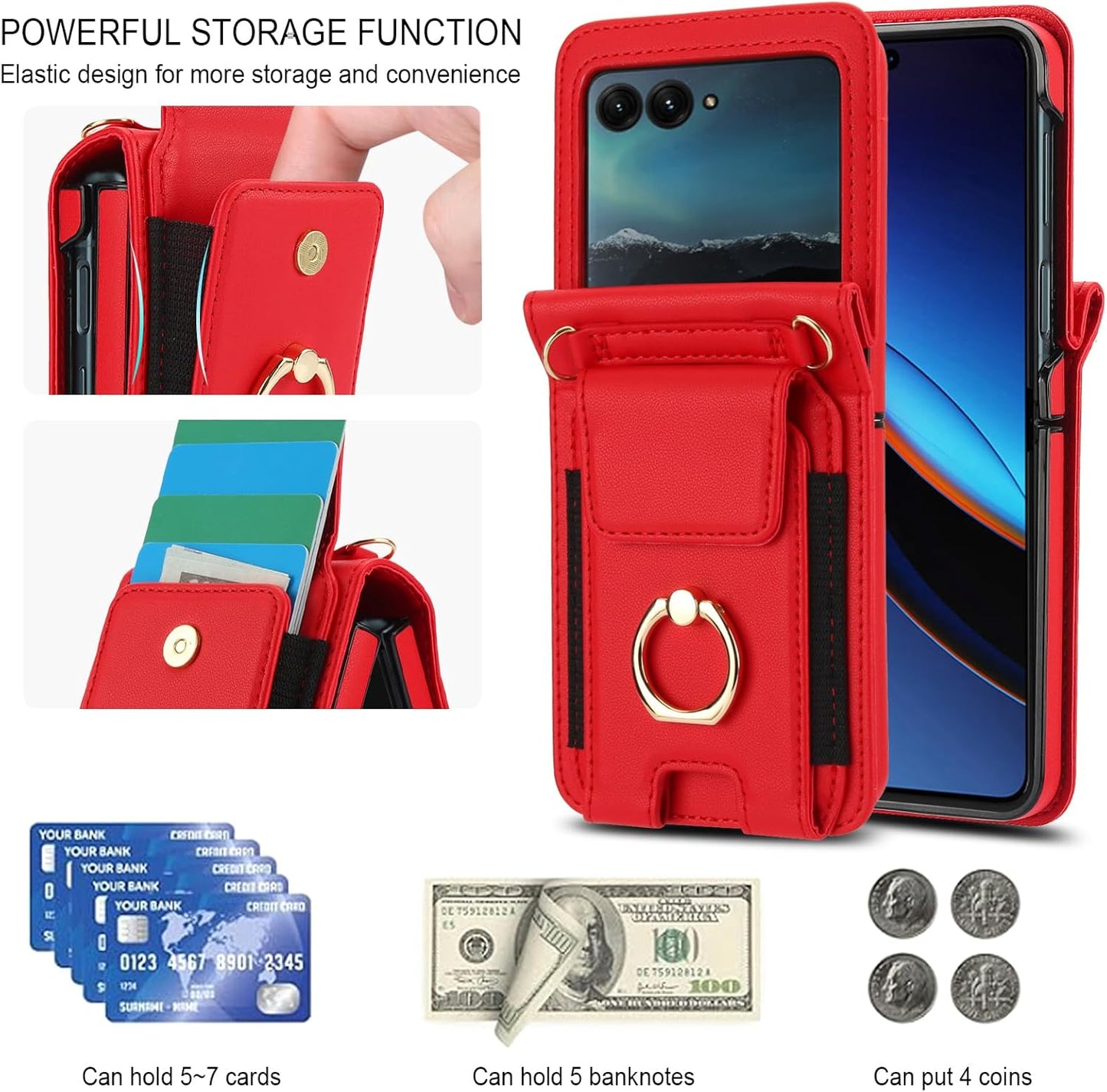 Asuwish 50/Moto 2024 INE-LX1 Phone Case for Moto Razr Razr Wallet Cover with Ring and Crossbody Wrist Strap Lanyard