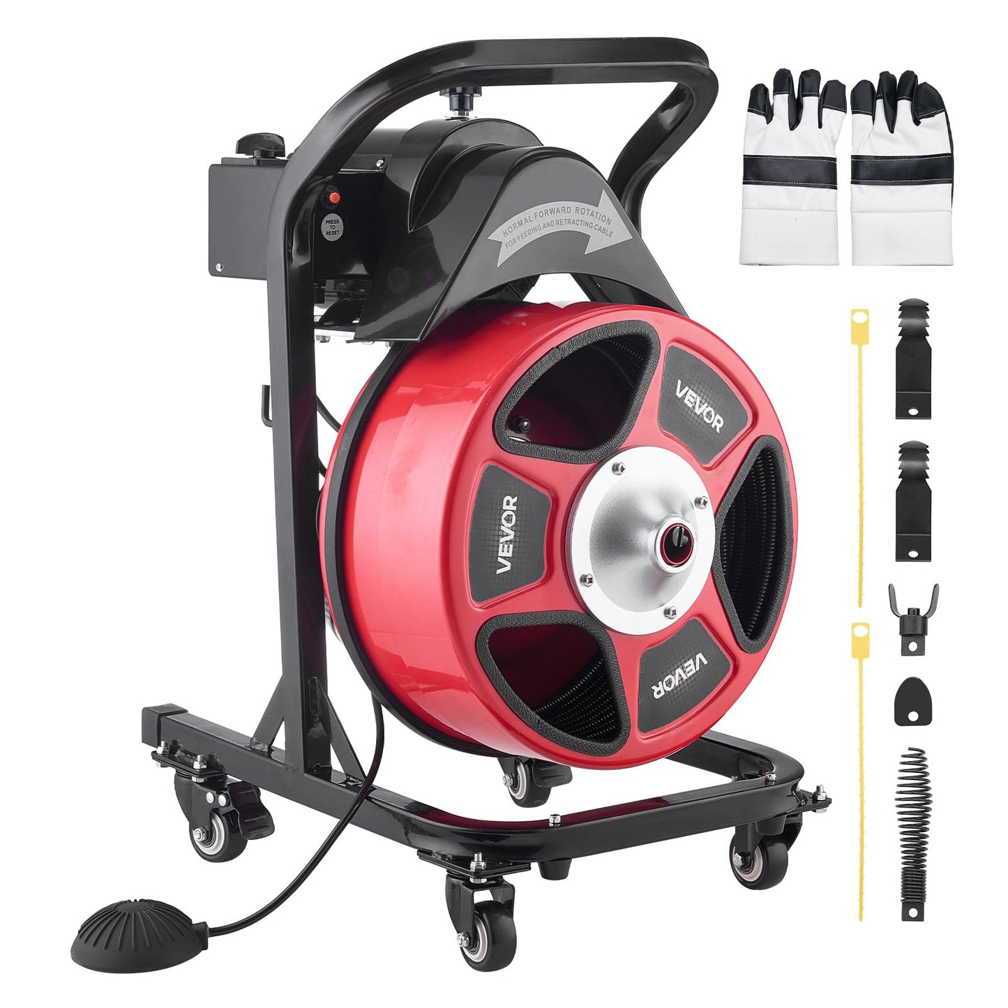 VEVOR Drain Cleaner Machine 50 FT x 1/2 Inch, Manual Feed Sewer Snake Auger on Wheels - with 4 Cutters & Air-activated Foot Switch for 2" to 6" Pipes