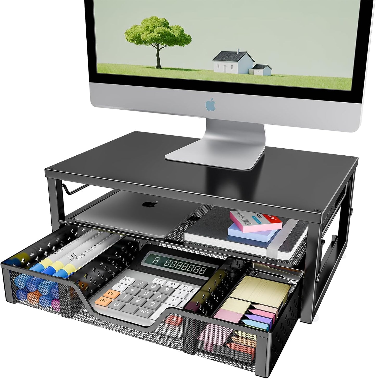 2-Tier Simple Trending Computer Monitor Stand Riser with Drawer, Desk Organizer for Home Office, Black