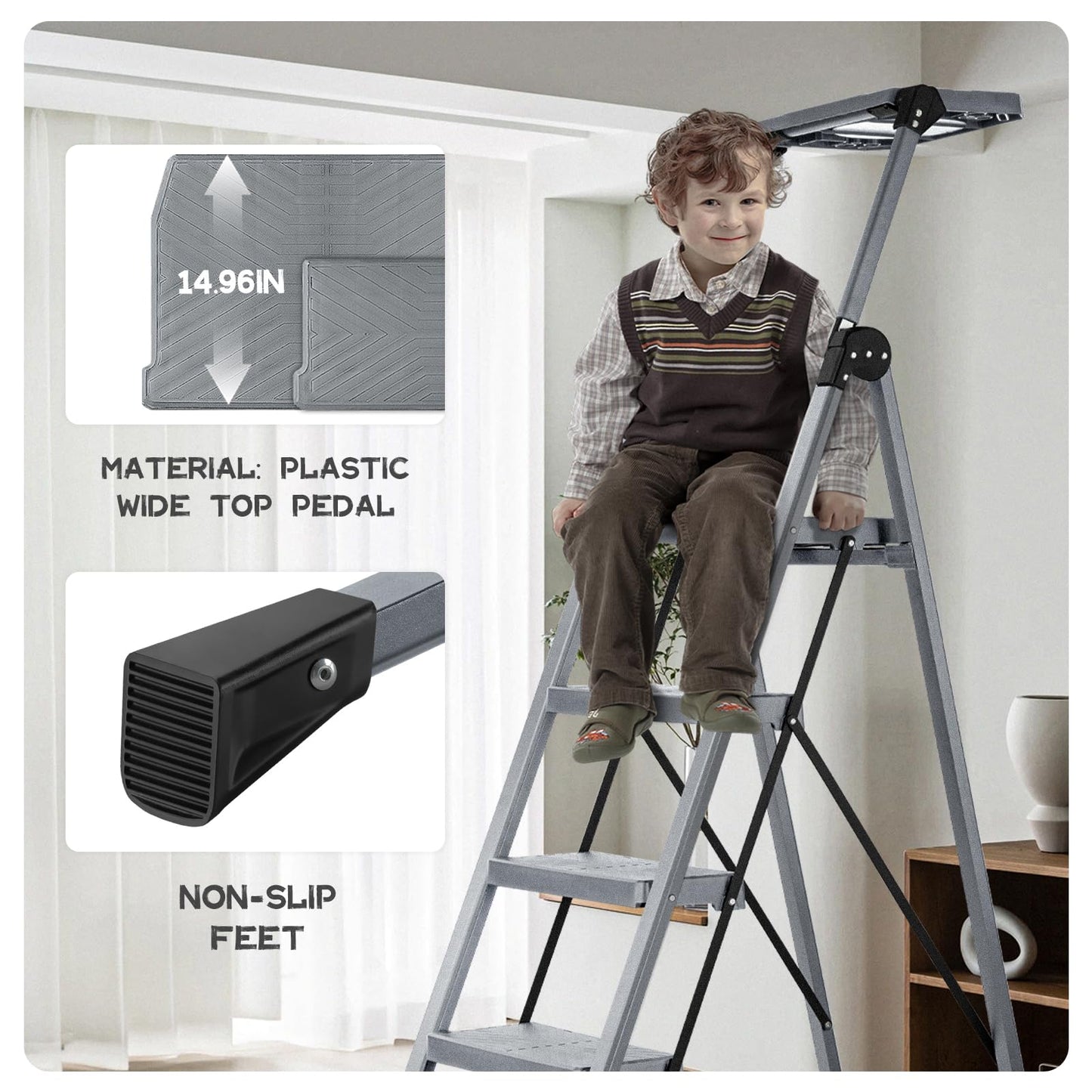 XinSunho 5 Step Ladder, Foldable Step Stool Ladder with Handrails & Tray, 660 lbs Heavy Duty Wide Pedals, Sturdy Steel Folding Ladder for Kitchen, Home, and Household Use (Silver, 5 Step)