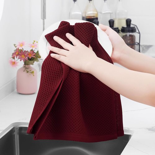 Homaxy Kitchen Dish Towels - Ultra Soft 100% Cotton Waffle Weave | Quick Drying, 13 x 28 Inches, 4-Pack, Burgundy