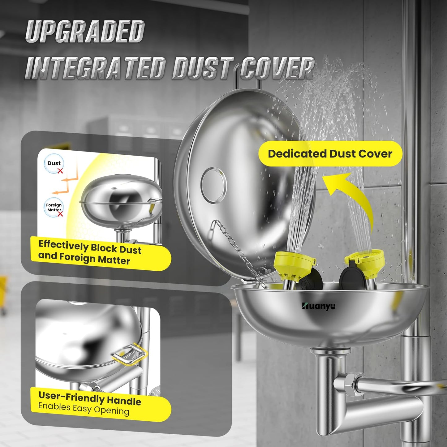 Huanyu Emergency Shower and Eye Wash Station OSHA Approved Safety Shower and Eyewash Station Combination 304 Stainless Steel Stand Plumbing Eye Washing Unit with Eyewash Sign Industrial Lab (YX-Y2)