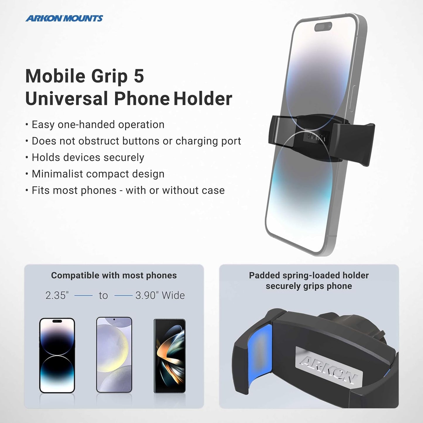 ARKON 5 Mounts Mobile Grip Phone Holder with Clamp Mount | Secure Spring-Loaded Holder | Clamp Phone Mount