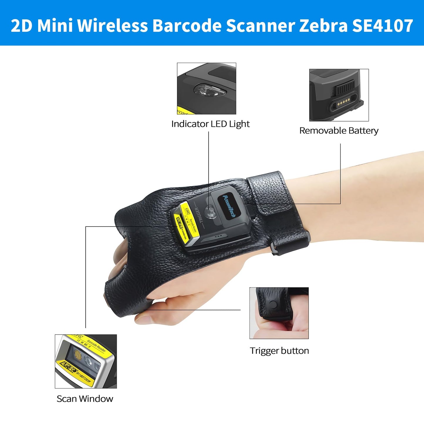 Posunitech Glove Barcode Scanner 2D GS02 Wearable Zebra SE4107 Reader IP65 Touch Scanning NFC Support Multi-Language for Warehouse, Management System,