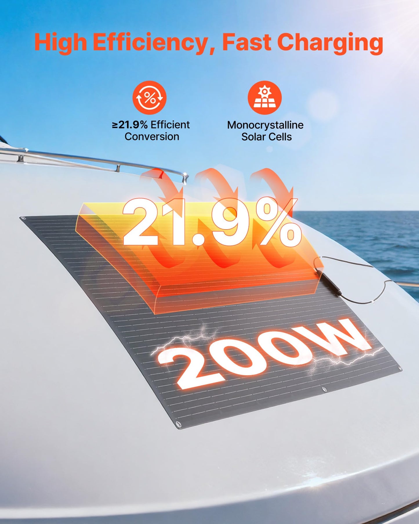 VEVOR Flexible Solar Panel, 200W Semi-Flexible Bendable Monocrystalline Solar Panel, 21.9% Efficiency Mono Off-Grid Charger with MC4 Output, IP67 Waterproof for Marine RV Car Cabin Curved Surfaces