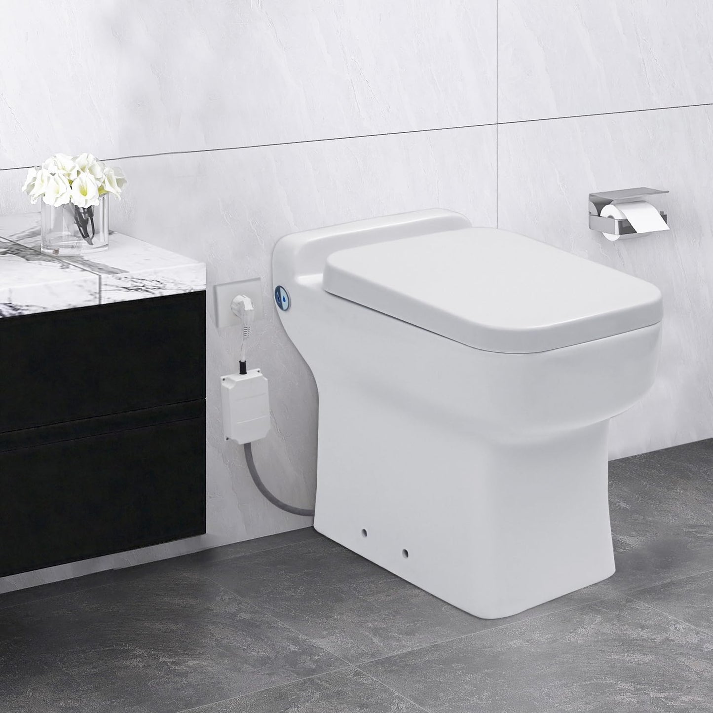 600W Macerating One Piece Toilet,4/5HP Remote Control Macerator Toilet with Pump Built Into the Base,Connect the sink AC110V 0.75/1 GPF with High Efficiency Flush for Small Space,Glossy White