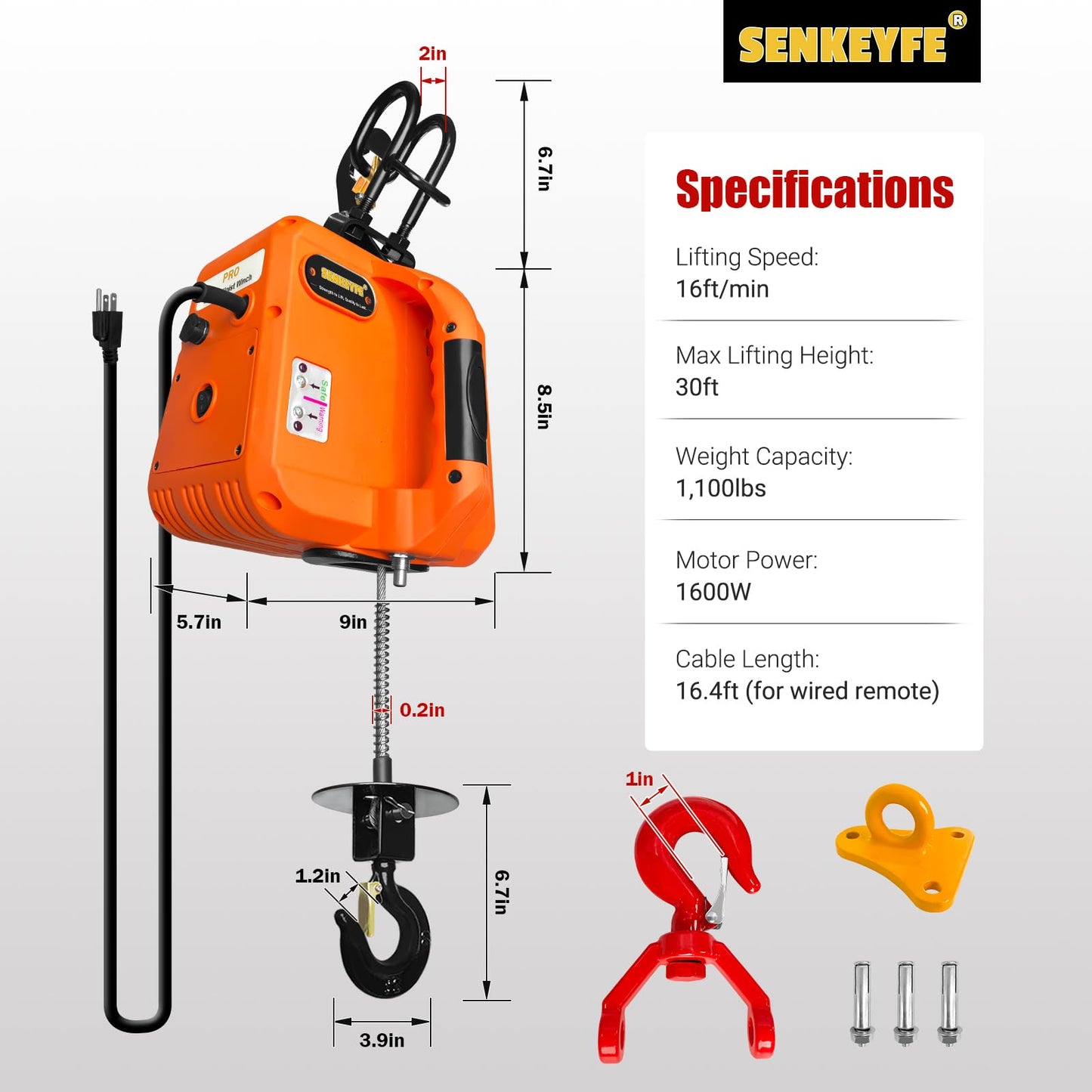 SENKEYFE PRO Power Electric Portable Hoist Winch 1100LBS, 30FT Electric Cable Hoist 1600W with Single/Double Hooks Dual Wireless Remote Control, Electric Hoist Lift Ceiling Winch for Lifting Towing