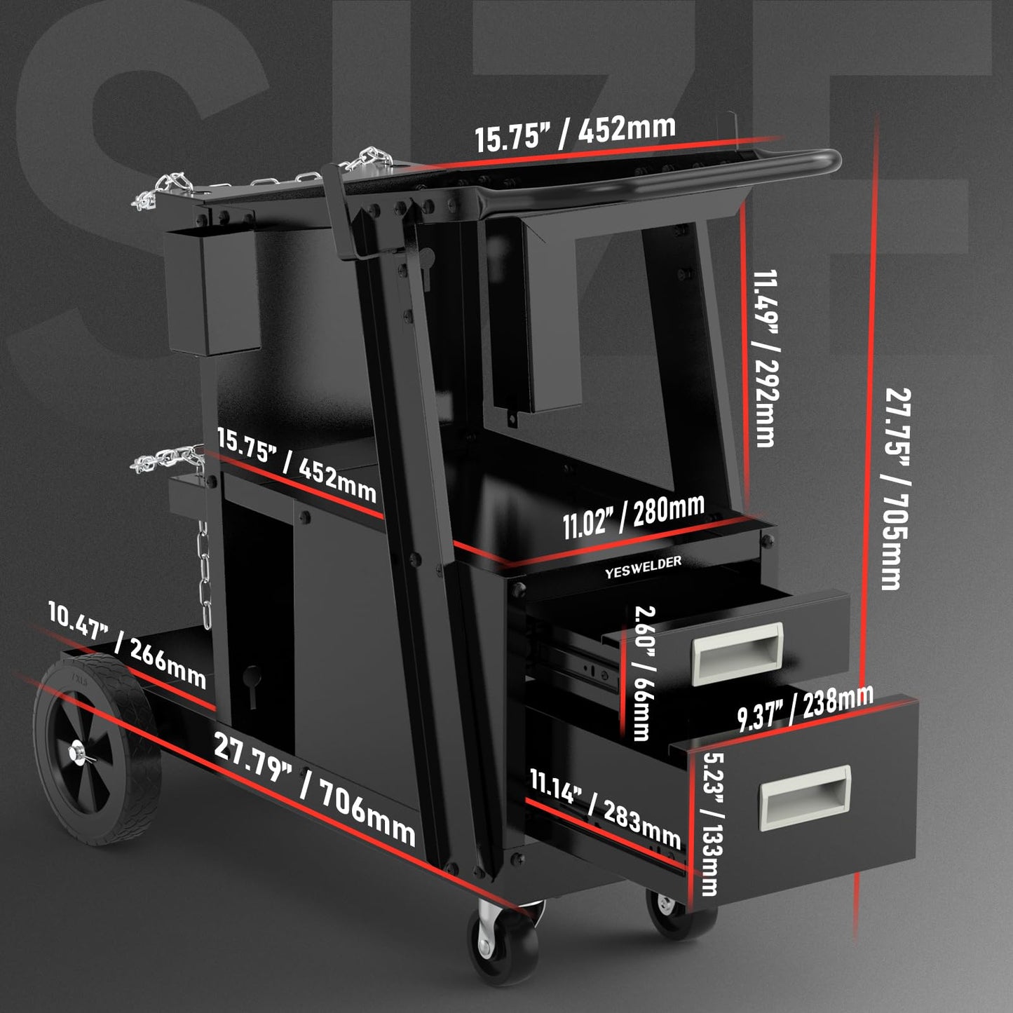 YESWELDER Welding Cart，2-Tier with 2 Drawers for MIG Welder TIG Welder and Plasma Cutter, Tank Storage Safety Chains, Heavy Duty Large Storage 360° Swivel Wheels Welding Trolley