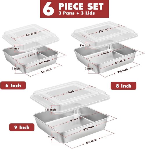 E-far Square Cake Pan Set - 6/8/9 Inch Stainless Steel Bakeware with Lids, Non-Toxic & Dishwasher Safe - 6 Pieces