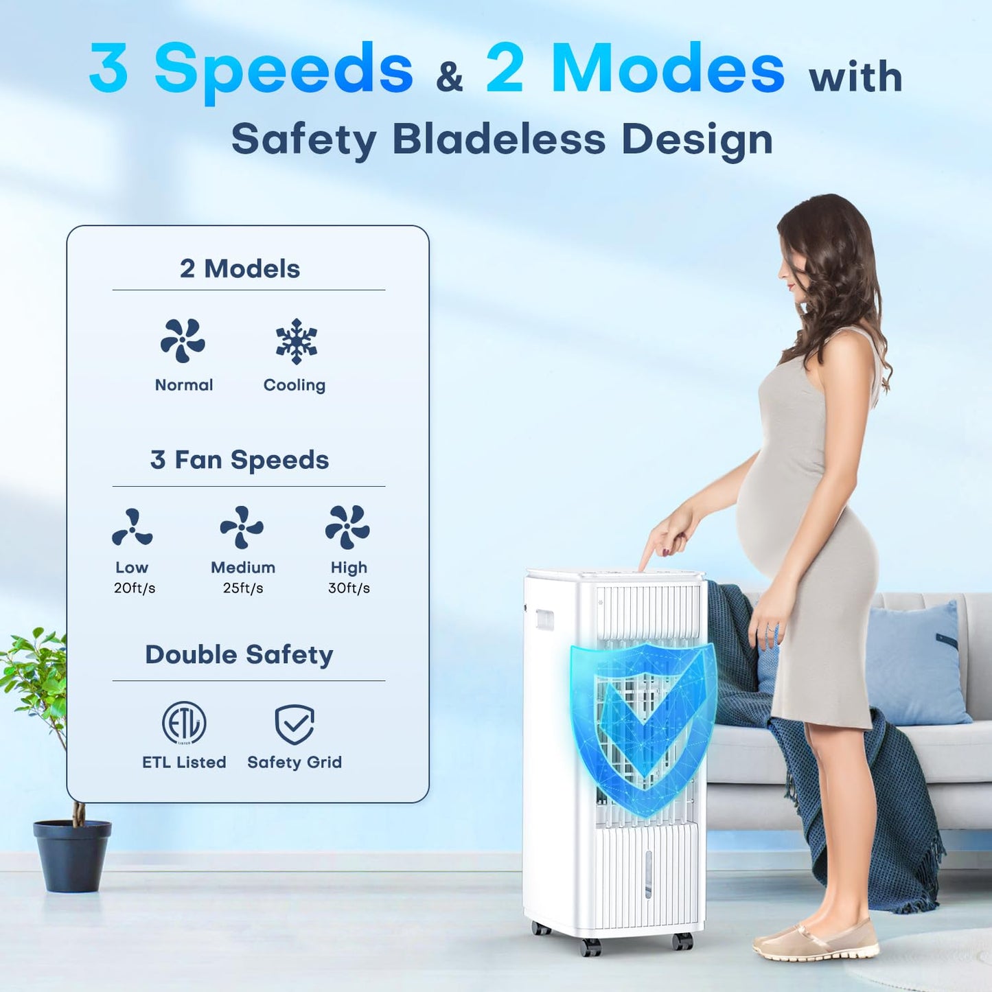 MYICY Evaporative Air Cooler, 25 Inch Swamp Cooler Air Conditioner w/Double Tanks, 7H Timer, 16ft Remote, 3 Ice Packs, 70° Oscillation, 3 Speeds & 2 Modes, 60W Portable Windowless Air Conditioner