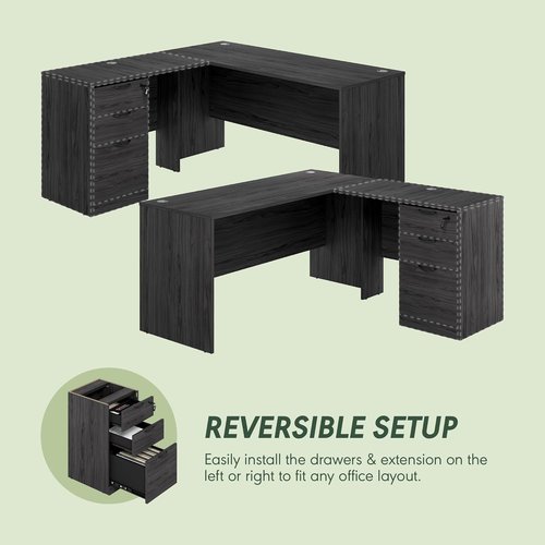 Furinno Roger L-Shaped Executive Desk - 60 Inch with File Cabinet & Cord Grommet | Coastal Grey