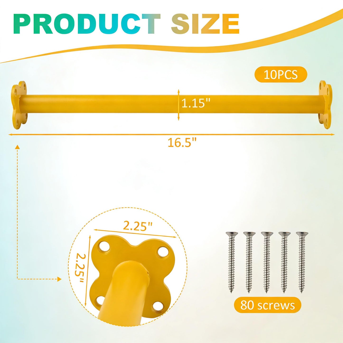 10 Pack Steel Monkey Bars Ladder Rungs 16.5 Inch with Screws Hardware Kit, Monkey Bars for Backyard & Swing Sets for Backyard, Indoor Outdoor Climbing Equipment for Playground Swing Set (Yellow)
