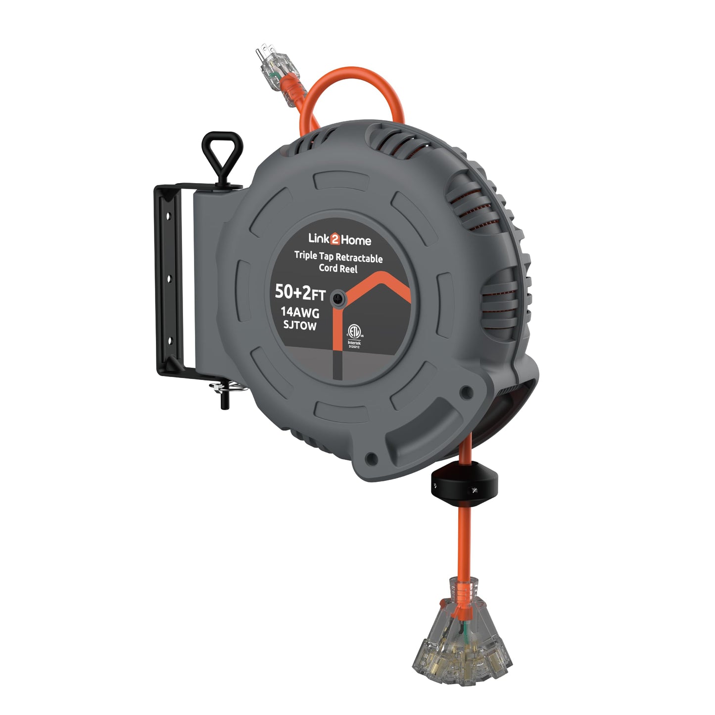 Link2Home 50 Ft. Retractable Extension Cord Reel with 3 Outlets, Lighted Triple Tap, 14AWG SJTOW Heavy-Duty Cord, Overload Protection, Wall/Ceiling Mount
