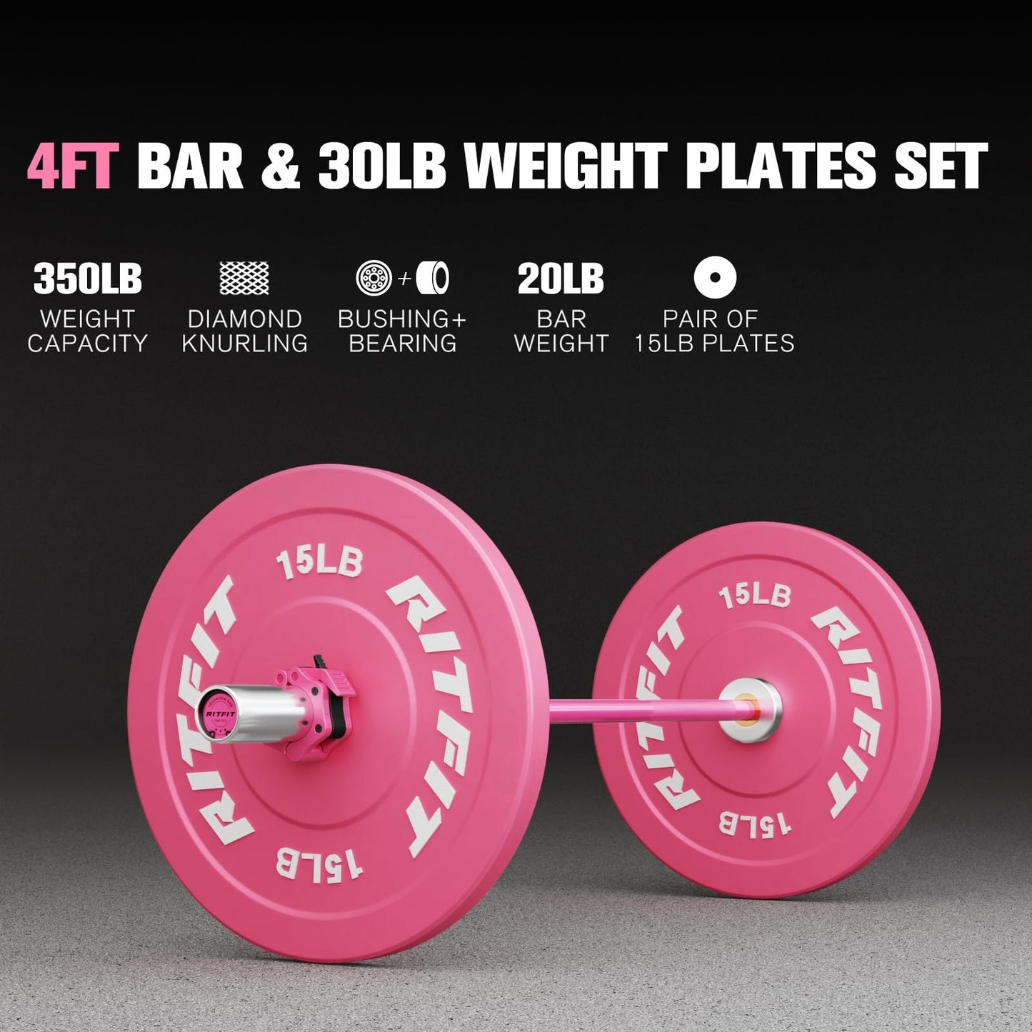 RitFit Barbell Weight Set - 4/6FT Olympic Barbell with Weight Plates (55-115LB Total) - Weightlifting Equipment for Squats, Curls, Deadlifts, Presses, Hip Thrusts 4FT Pink Bar with 30LB Pink Plates