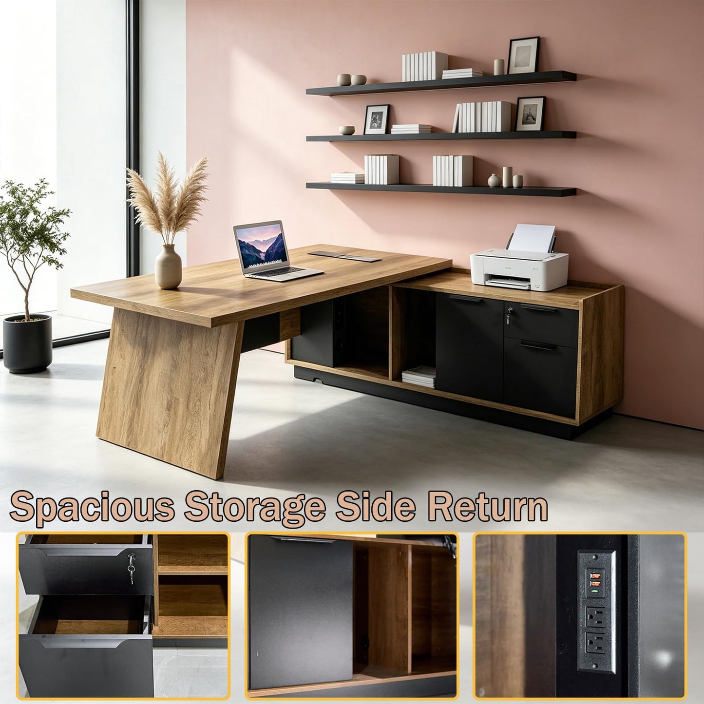 ONNAHOMEStlyle L-Shaped Executive Desk (71" or 79") | with Built-in Dual Charging & Wireless on Desktop | Drawers & Printer Space, Modern Office Desk for Home & Business Offices(Right)