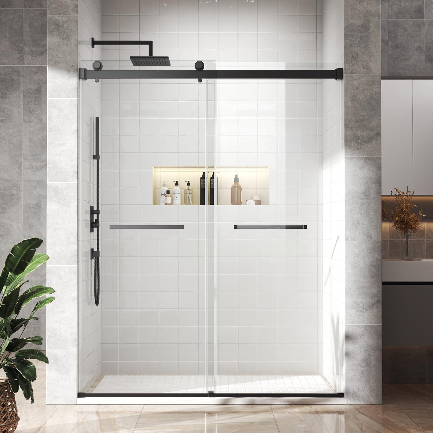 BATHWILLER 44"-48" W x 76" H Double Sliding Shower Door, 5/16" (8mm) Clear Tempered Glass Frameless Shower Door with Nano Easy Clean Coating, Stainless Steel Hardware, Matte Black