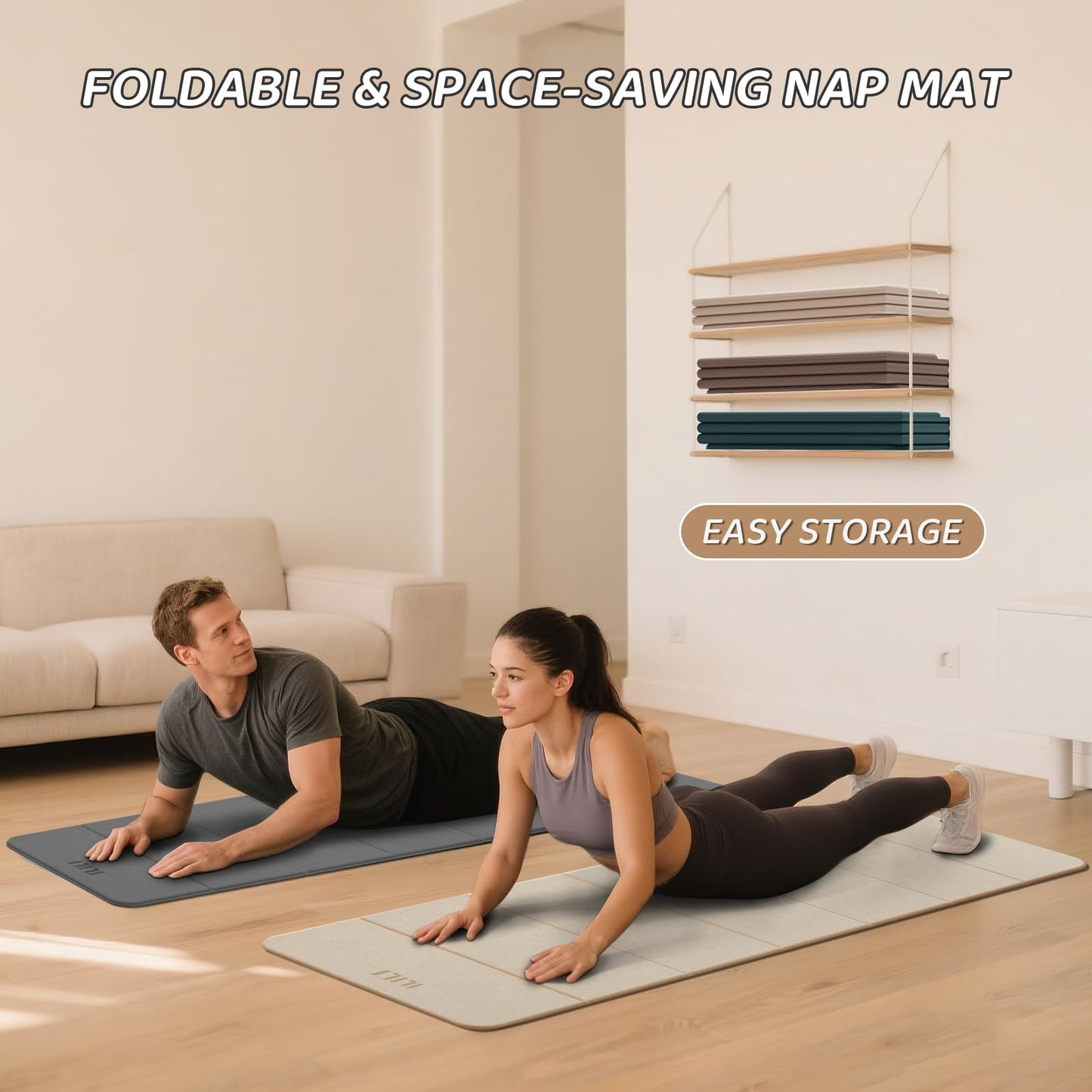 ILILI Foldable Yoga Mat 71 * 24 * 0.3'' - TPE Non-Slip Fitness Mat for Home，Waterproof & Lightweight (2lb) for Home Gym, Pilates & Stretching,Fitness Workouts (Beige)